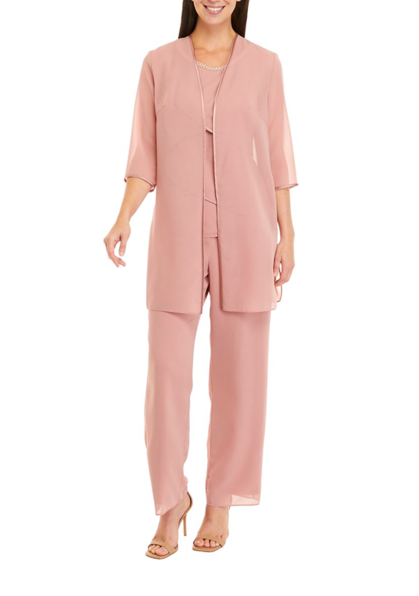 Womens 3 Piece Long Sleeve Chiffon Tiered Duster Pant Set