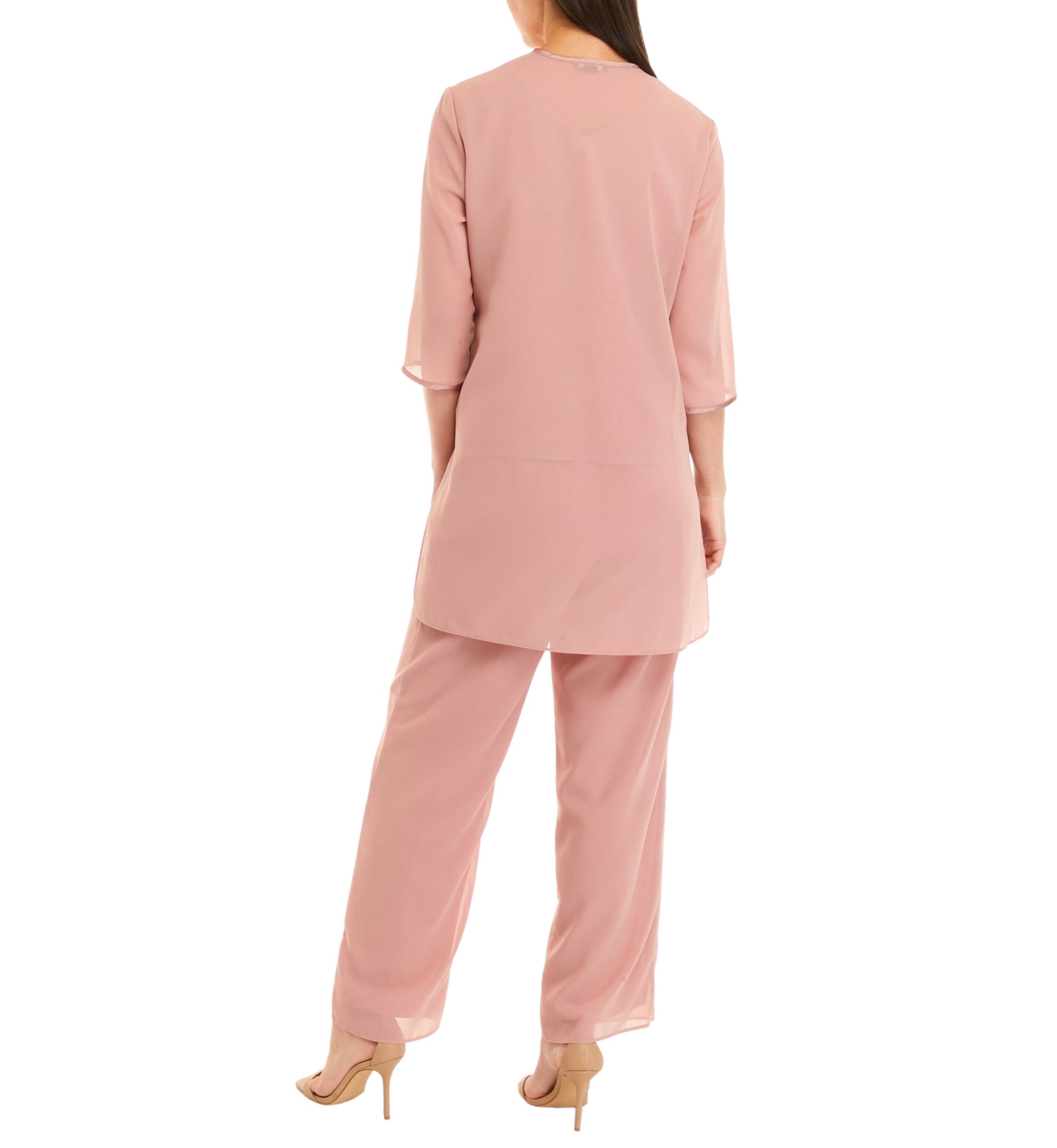 Womens 3 Piece Long Sleeve Chiffon Tiered Duster Pant Set