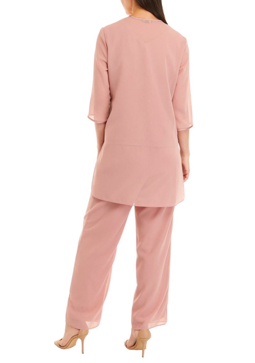 Womens 3 Piece Long Sleeve Chiffon Tiered Duster Pant Set