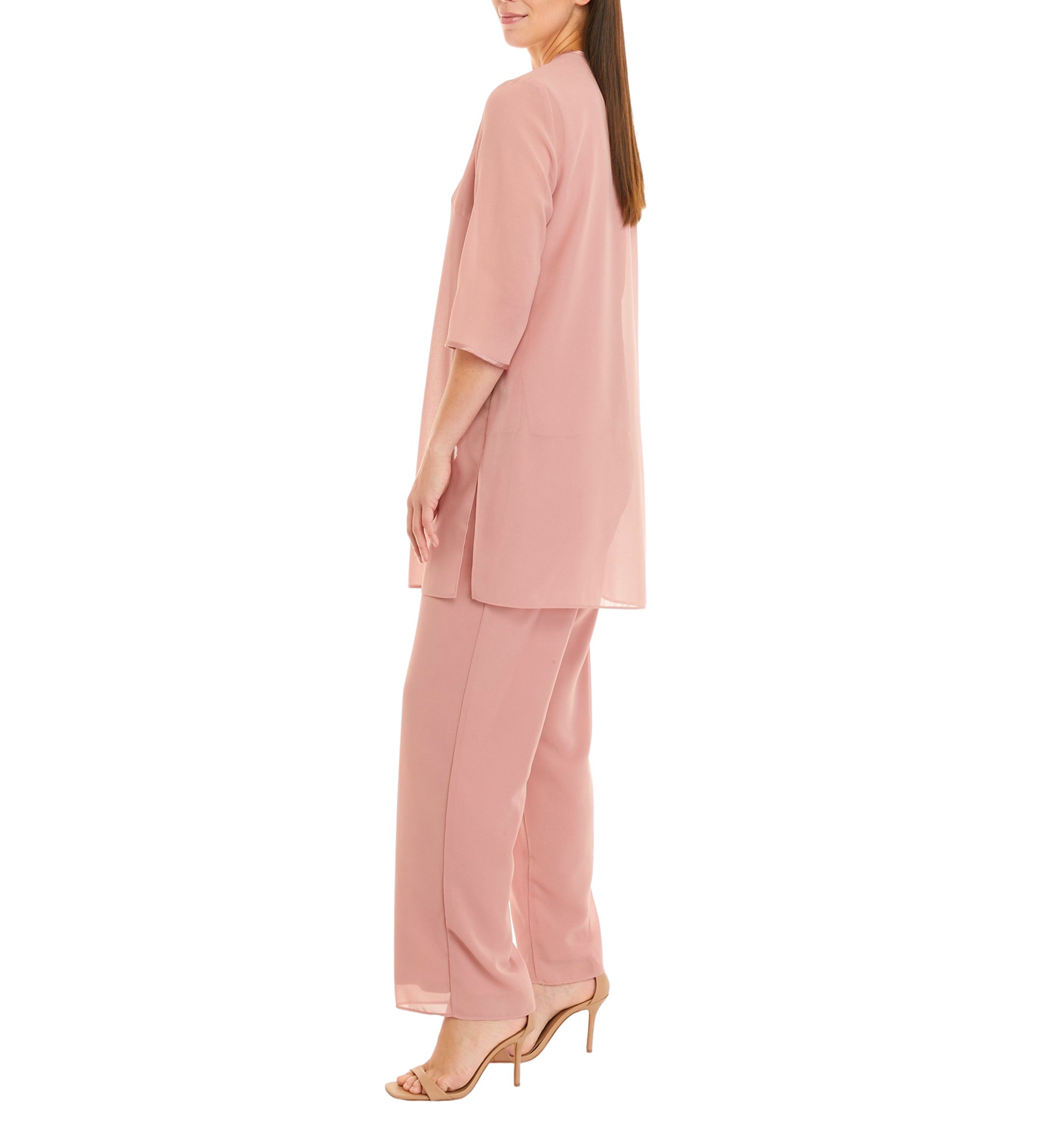 Womens 3 Piece Long Sleeve Chiffon Tiered Duster Pant Set