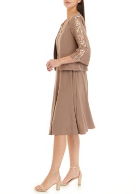 Women's 3/4 Sleeve Solid with Embellished Trim Jacket Dress