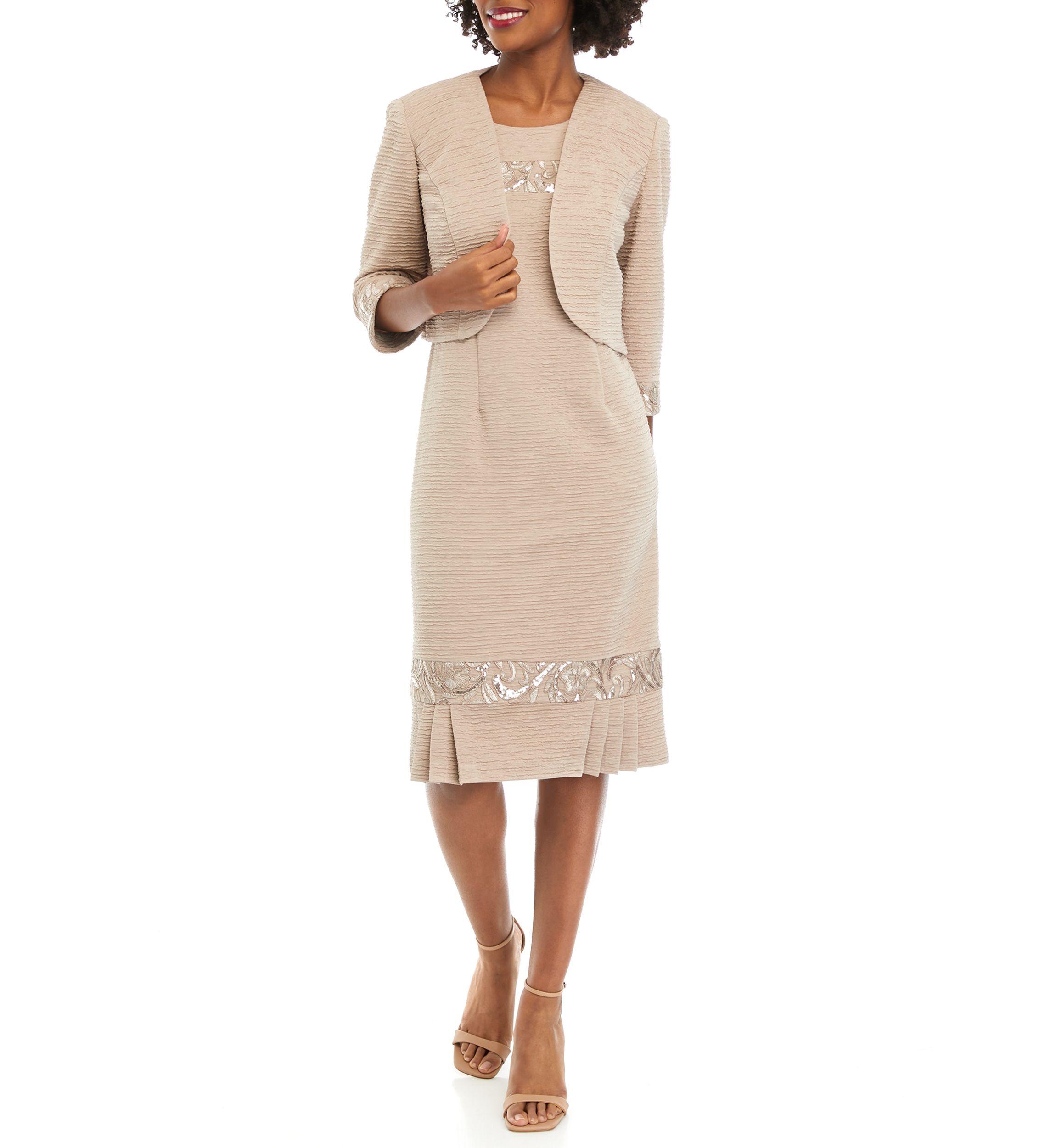 Womens Stretch Knit Jacket Dress with Pleated Flouce Embroidered Trim