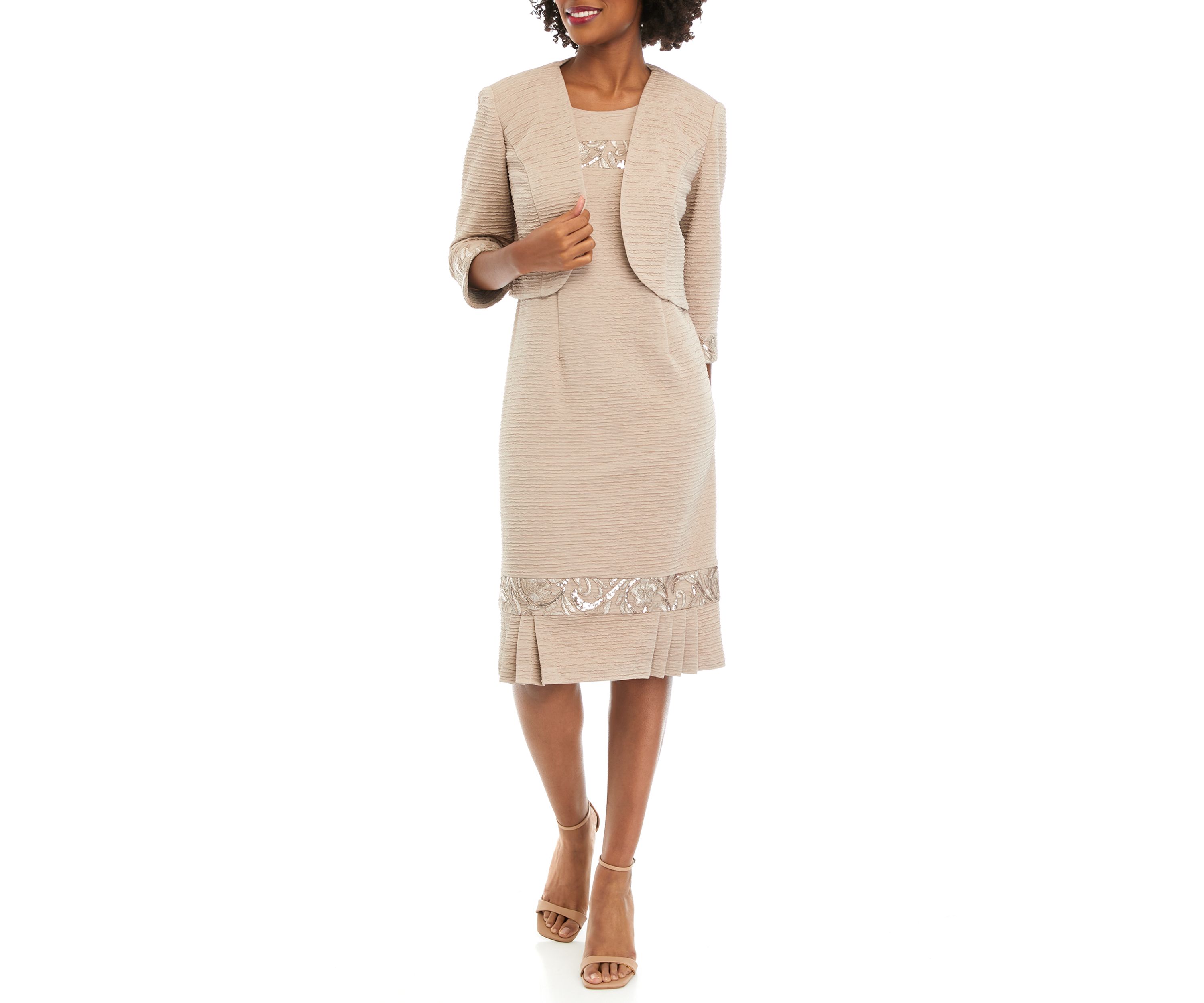 Womens Stretch Knit Jacket Dress with Pleated Flouce Embroidered Trim