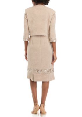 Women's Stretch Knit Jacket Dress with Pleated Flouce Embroidered Trim
