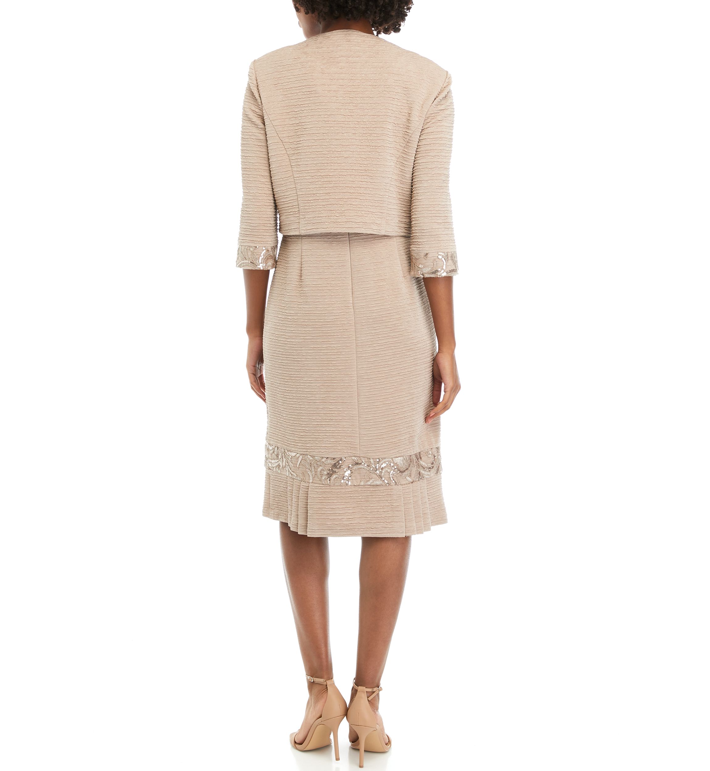 Womens Stretch Knit Jacket Dress with Pleated Flouce Embroidered Trim