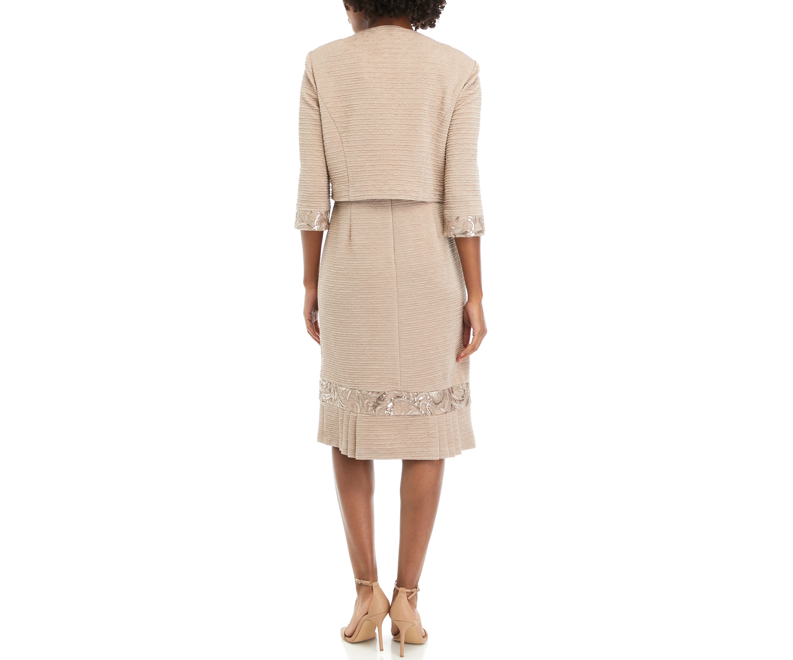 Womens Stretch Knit Jacket Dress with Pleated Flouce Embroidered Trim