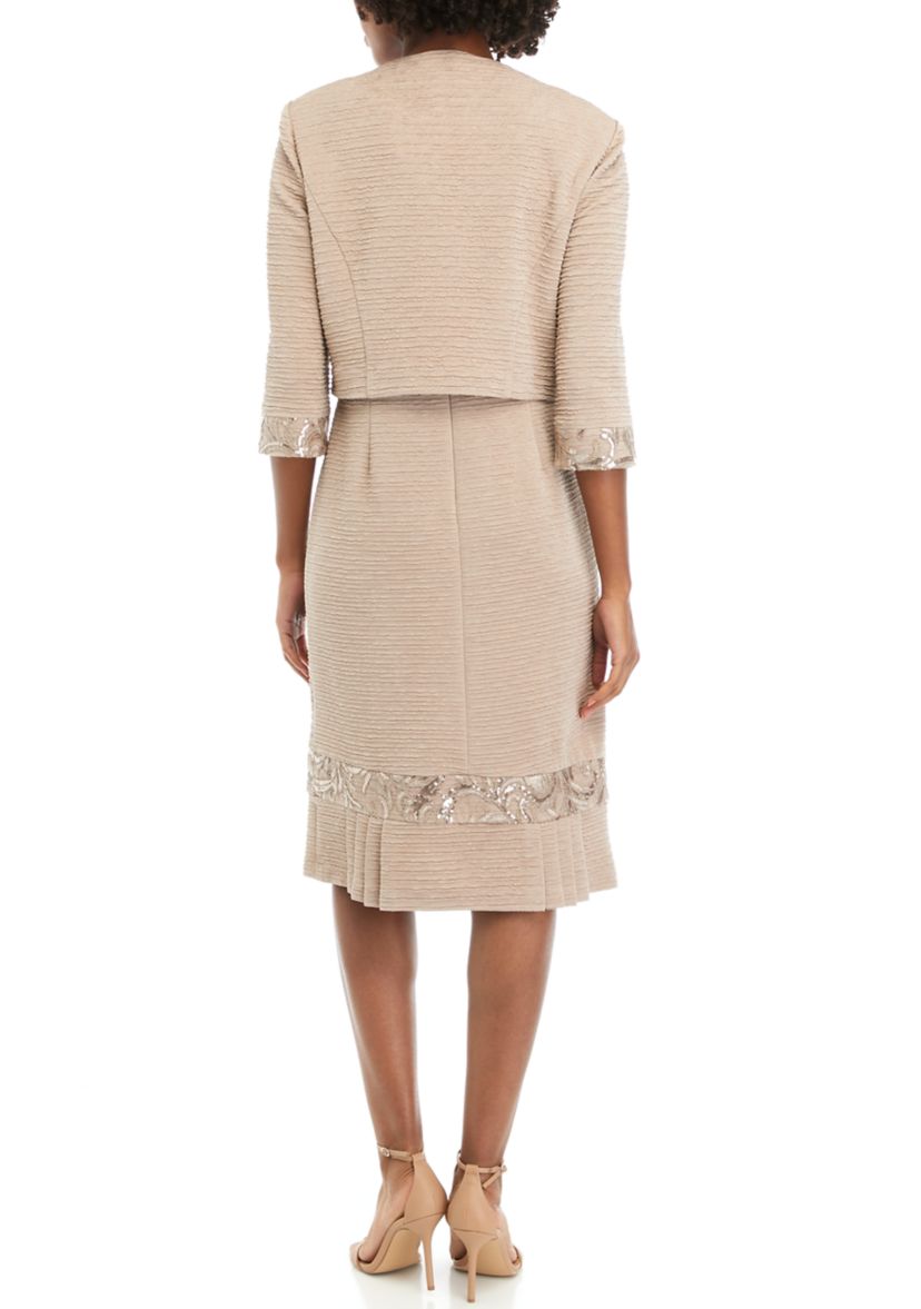 Womens Stretch Knit Jacket Dress with Pleated Flouce Embroidered Trim