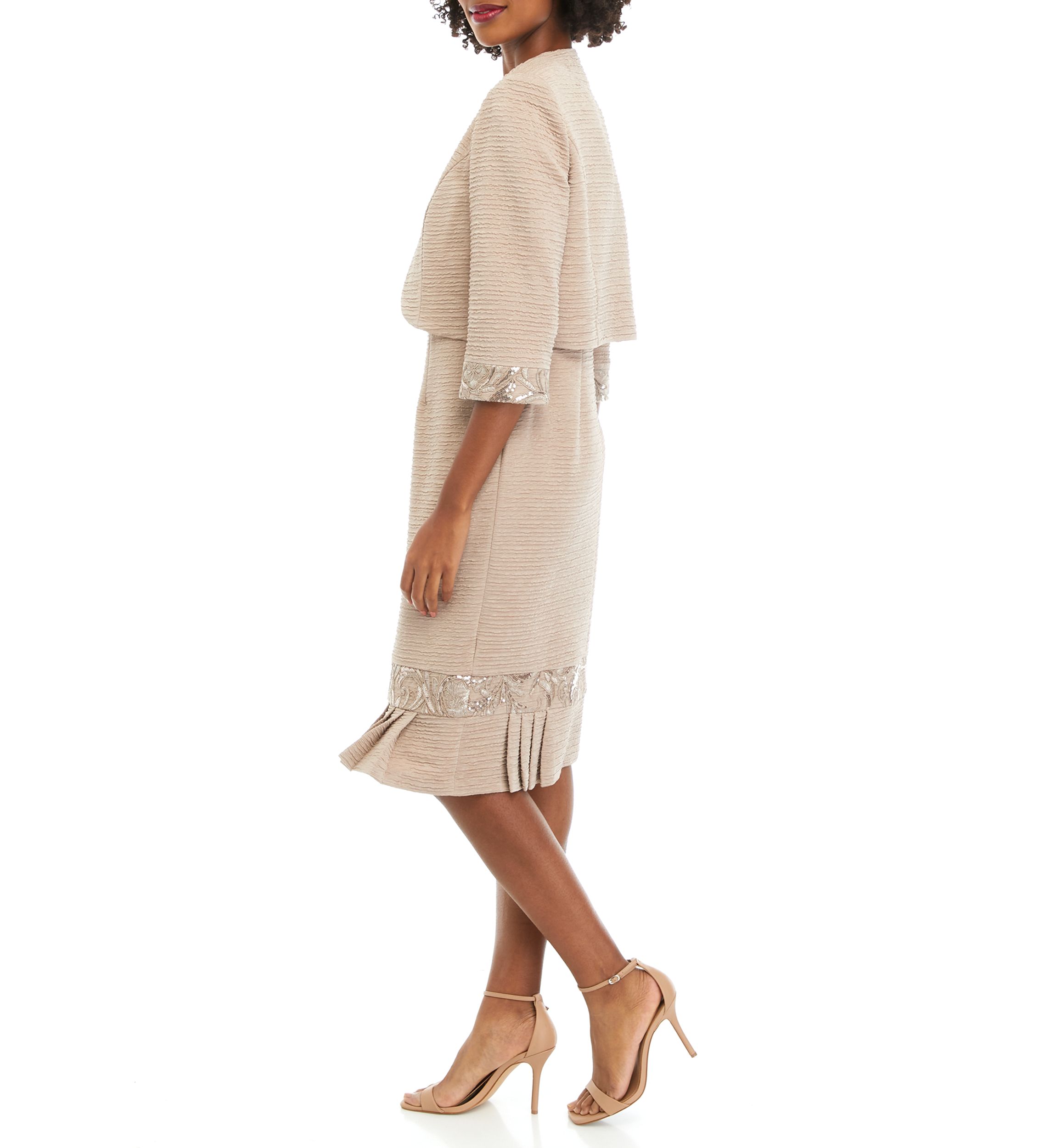Womens Stretch Knit Jacket Dress with Pleated Flouce Embroidered Trim