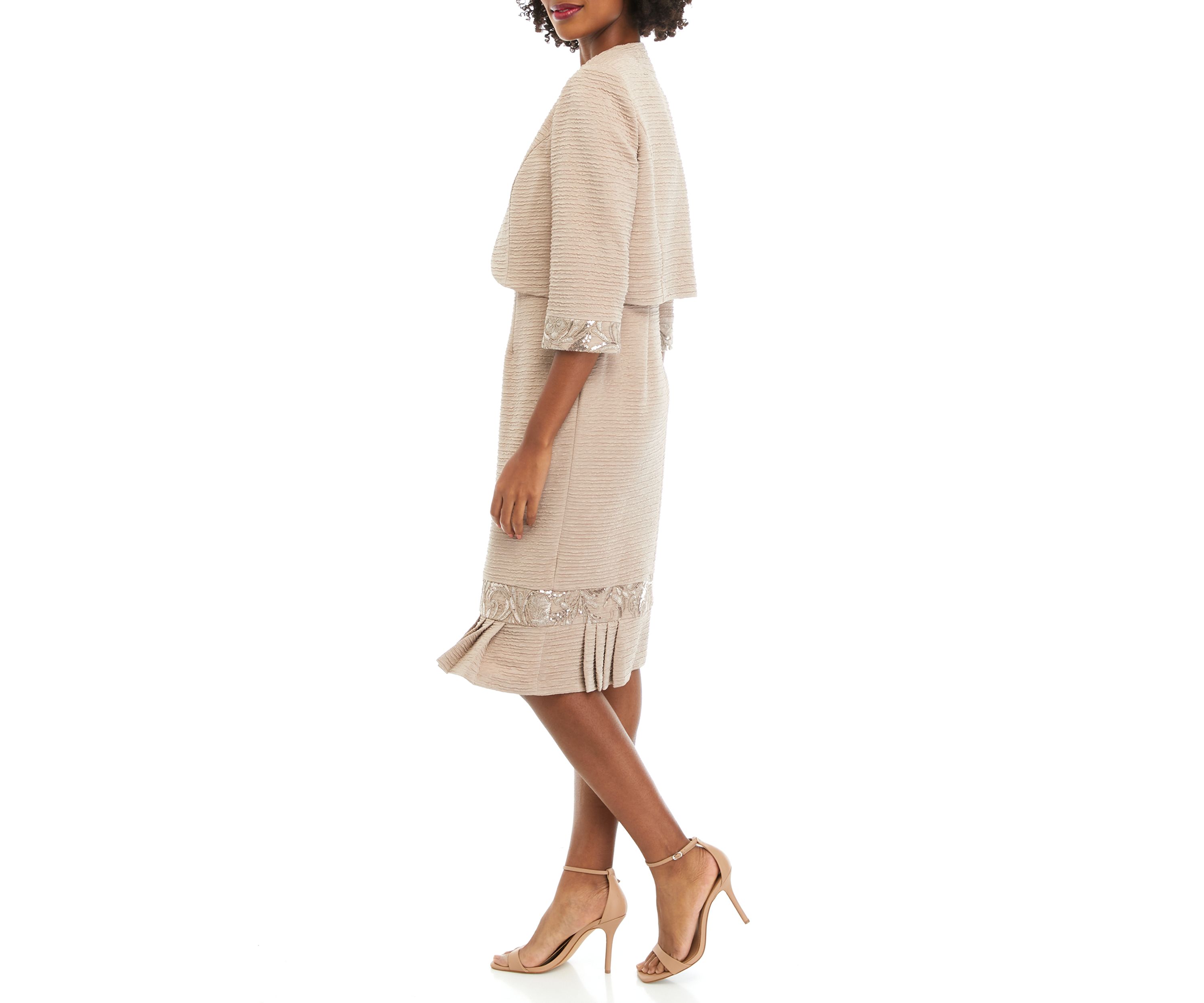 Womens Stretch Knit Jacket Dress with Pleated Flouce Embroidered Trim