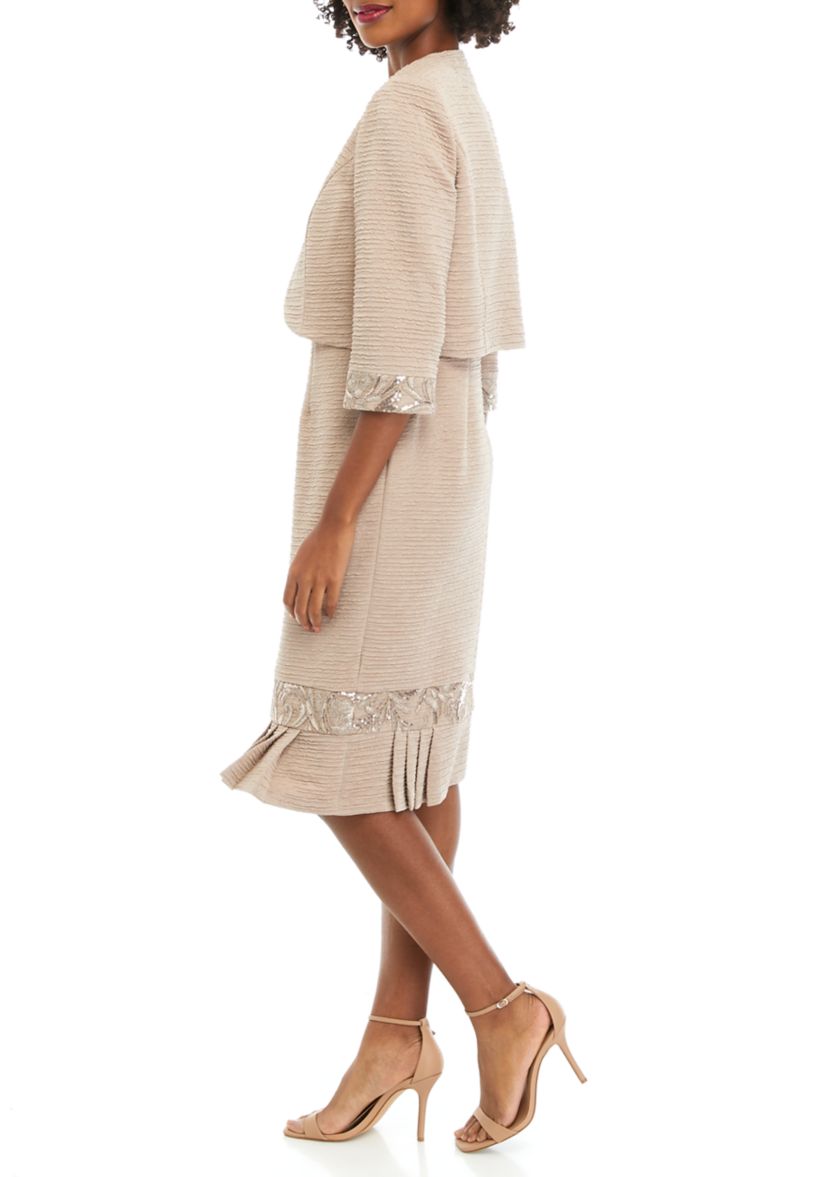 Womens Stretch Knit Jacket Dress with Pleated Flouce Embroidered Trim