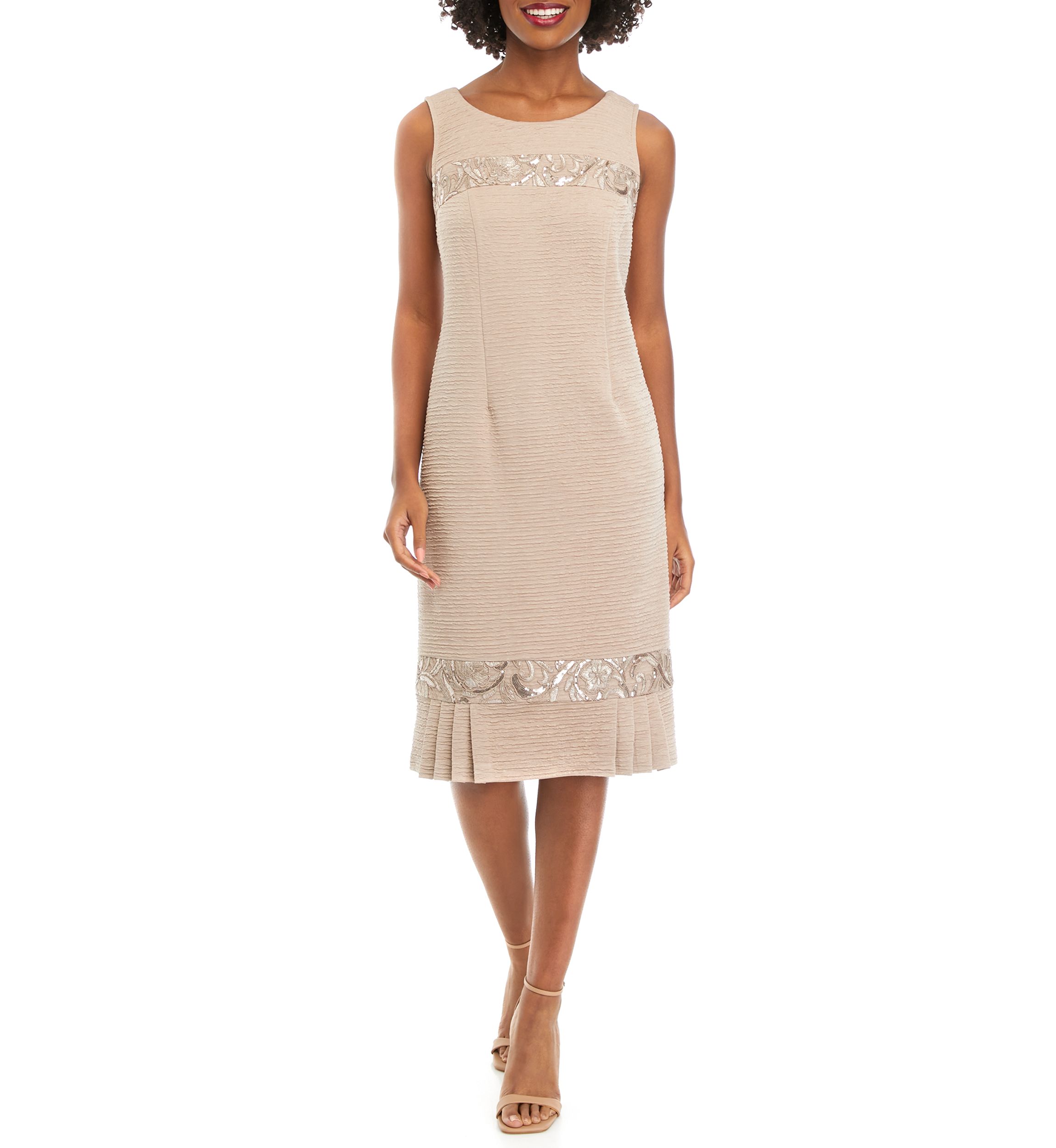 Womens Stretch Knit Jacket Dress with Pleated Flouce Embroidered Trim