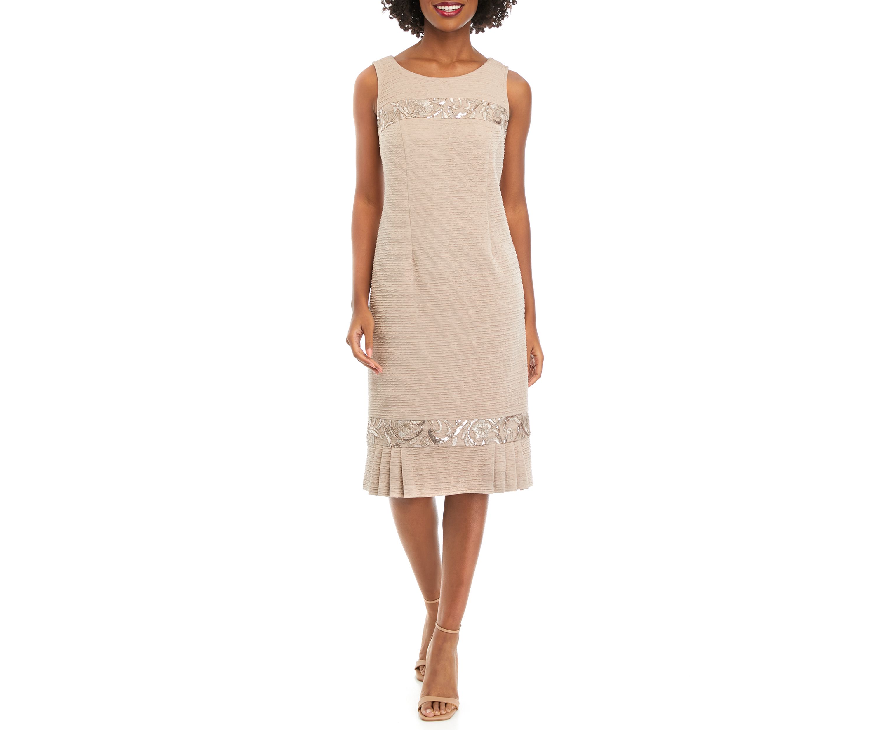 Womens Stretch Knit Jacket Dress with Pleated Flouce Embroidered Trim