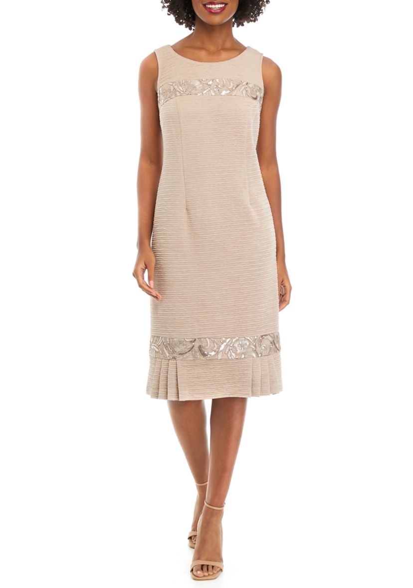 Womens Stretch Knit Jacket Dress with Pleated Flouce Embroidered Trim