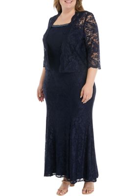 Plus Long 3/4 Sleeve Stretch Lace Jacket Dress with Embellished Neckline