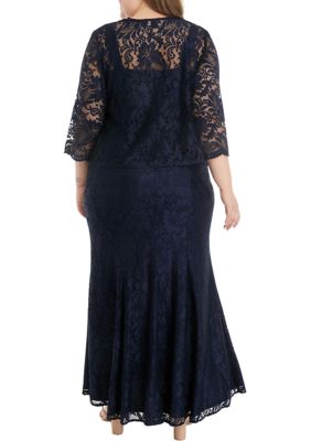 Plus Long 3/4 Sleeve Stretch Lace Jacket Dress with Embellished Neckline