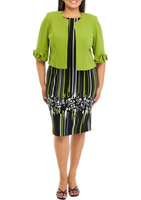 Plus 3/4 Sleeve Stretch Knit Jacket with Sleeveless Printed Dress