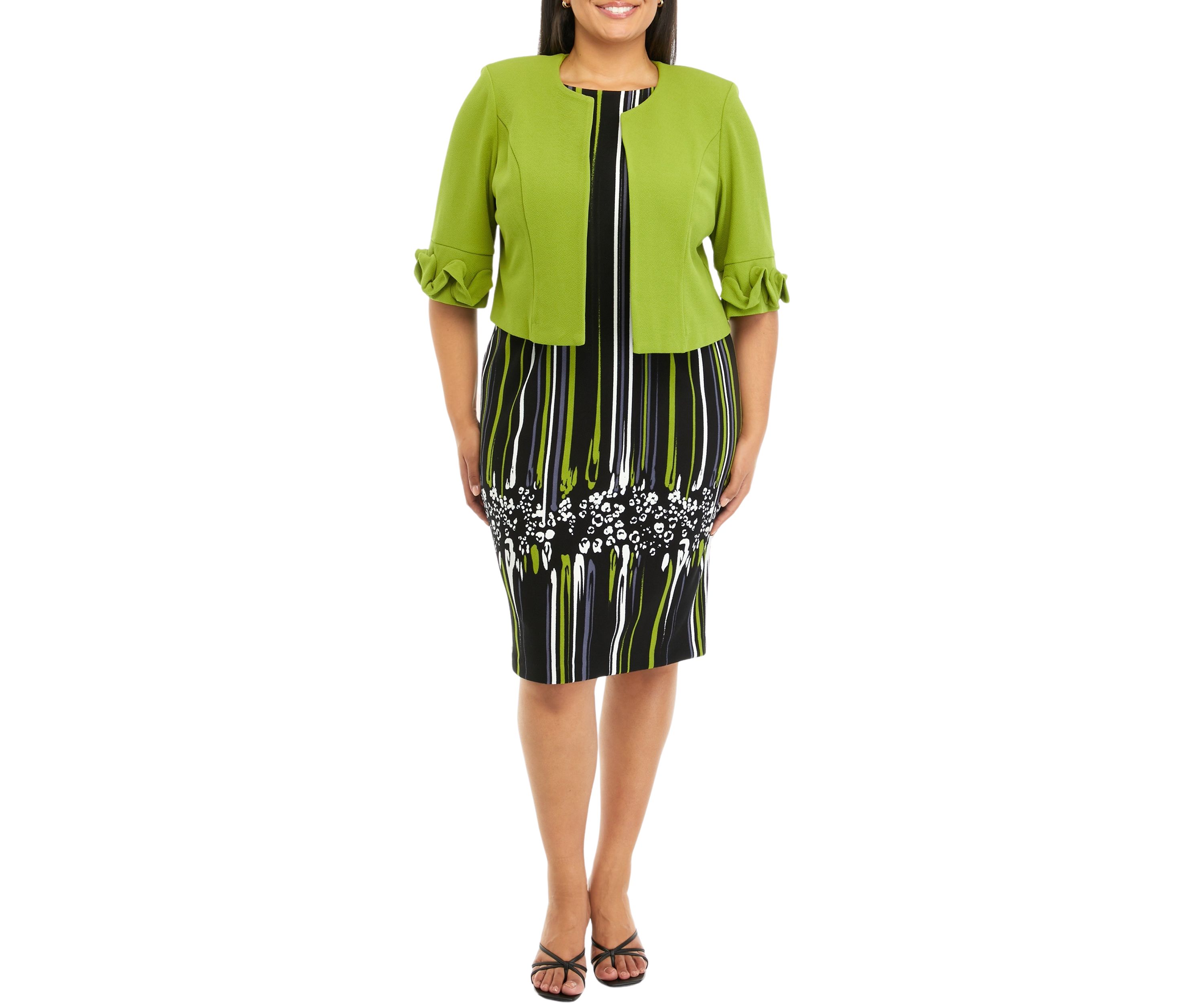Plus Size 3/4 Sleeve Stretch Knit Jacket with Sleeveless Printed Dress