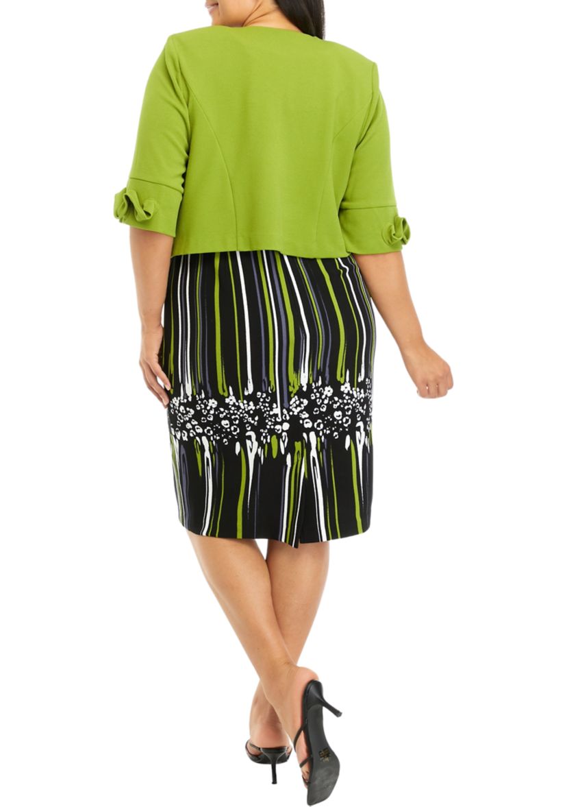Plus Size 3/4 Sleeve Stretch Knit Jacket with Sleeveless Printed Dress