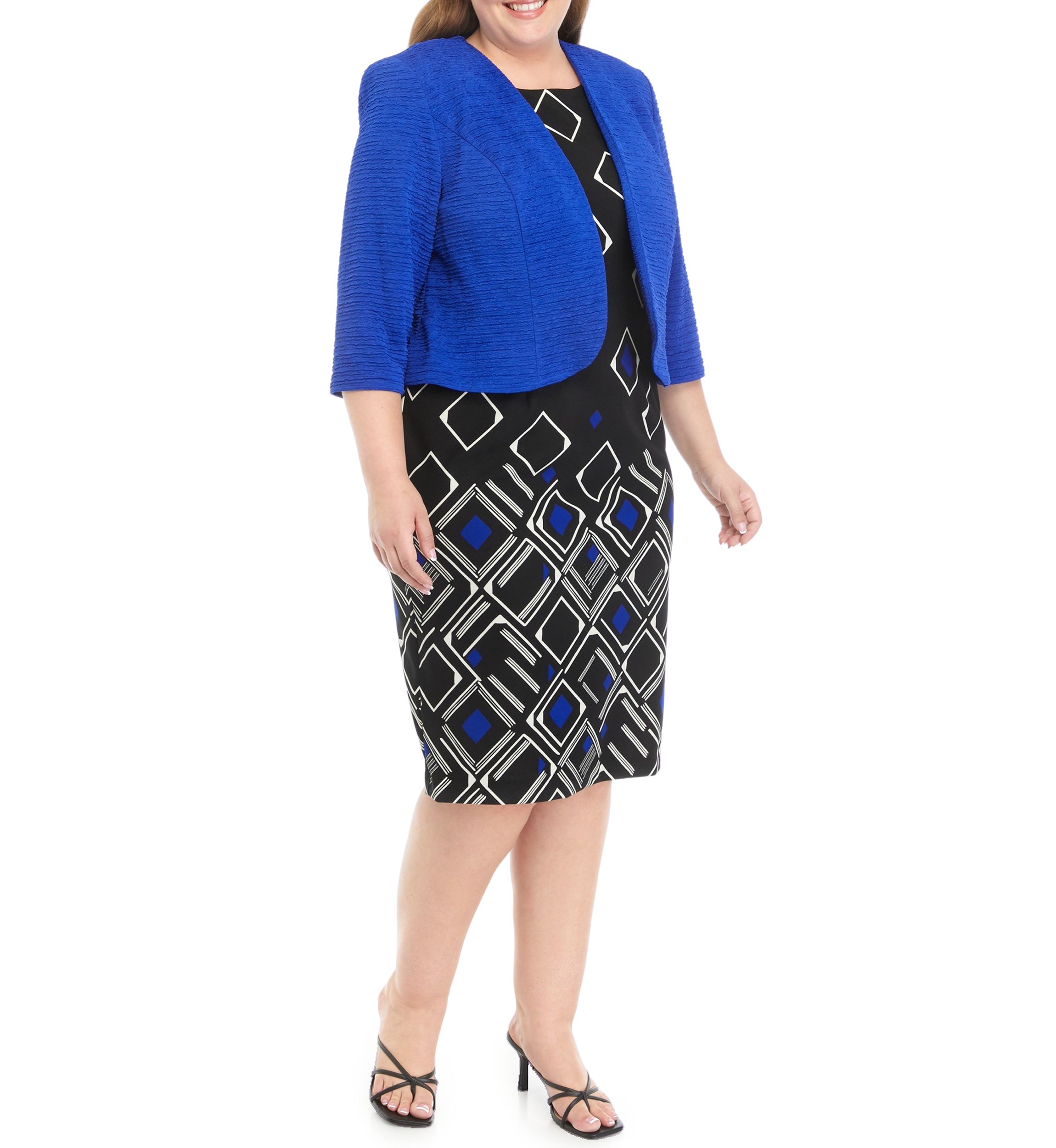 Plus Size 3/4 Sleeve Stretch Knit Jacket Dress With Sleeveless Printed Dress