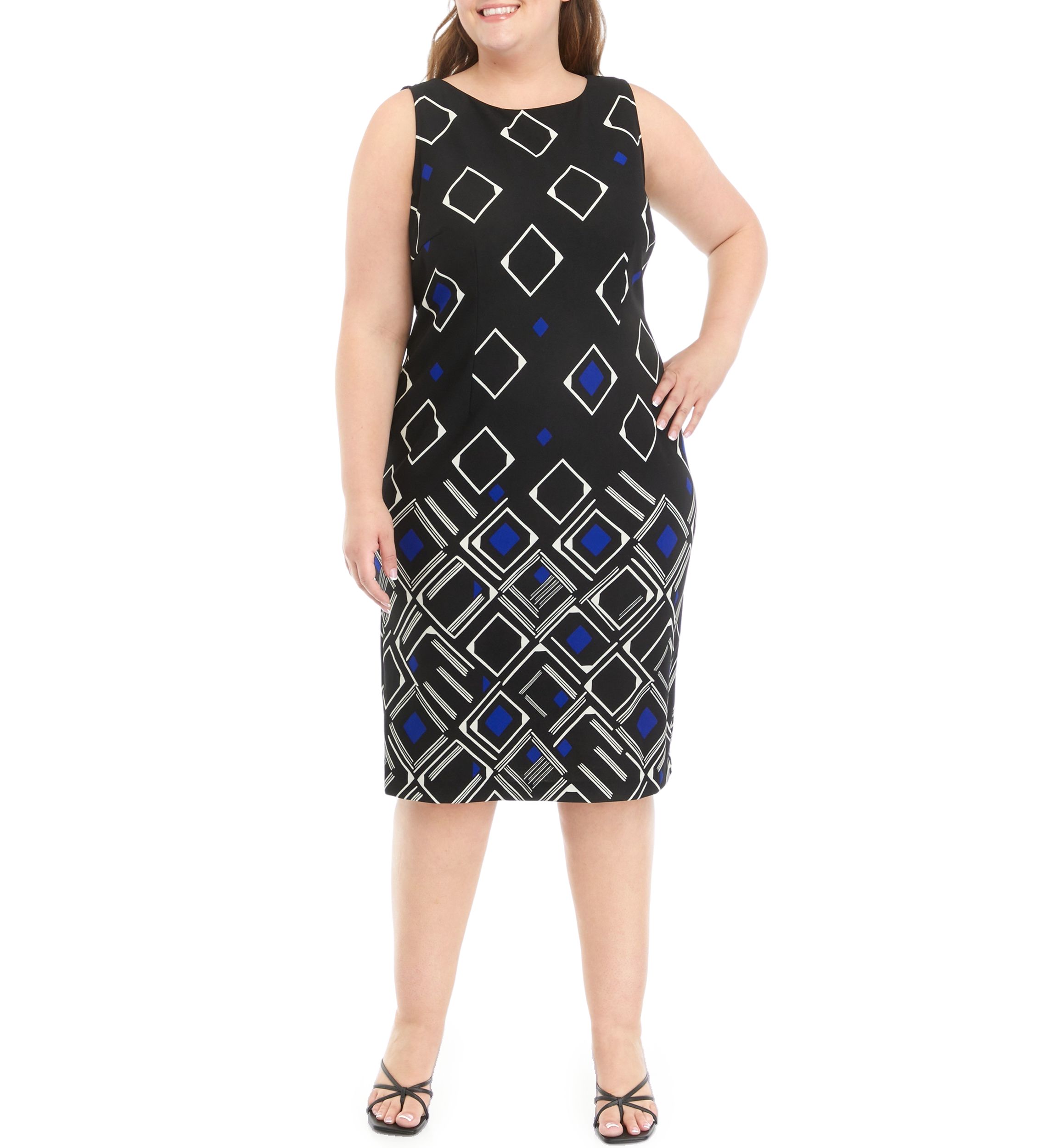 Plus Size 3/4 Sleeve Stretch Knit Jacket Dress With Sleeveless Printed Dress
