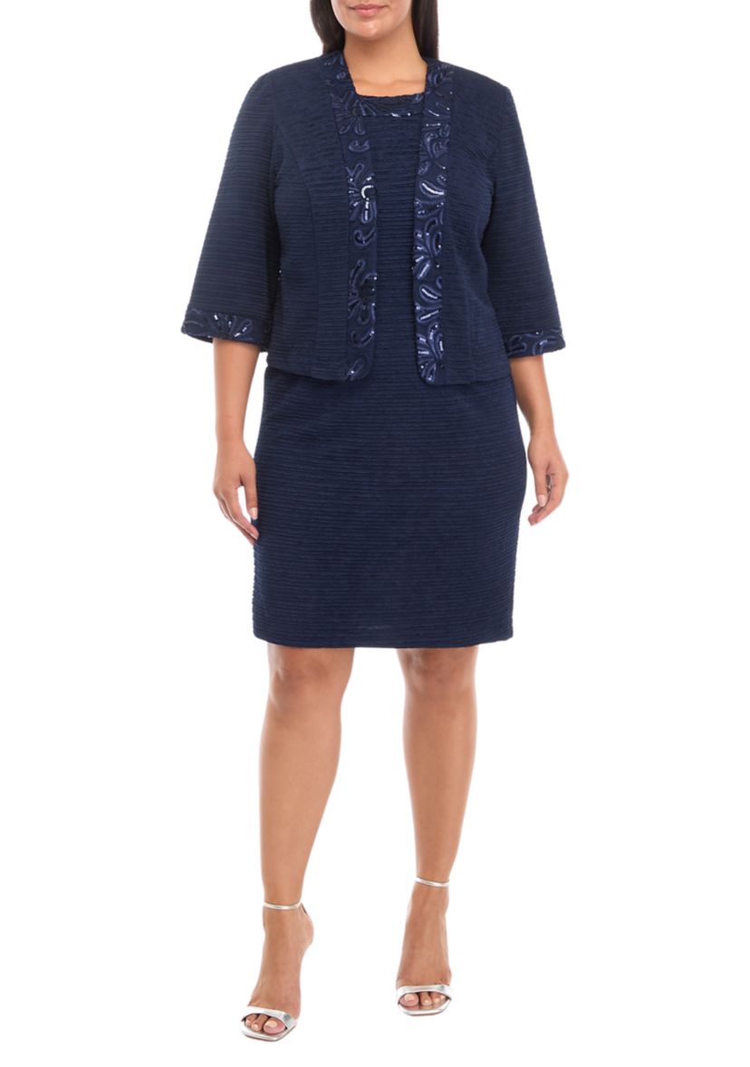 Plus Size Crinkle Knit and Embellished Jacket Dress