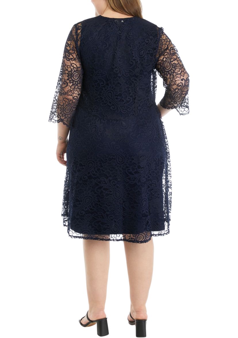 BRIANNA Plus Size Lace Keyhole Duster Jacket Dress with Rhinestone