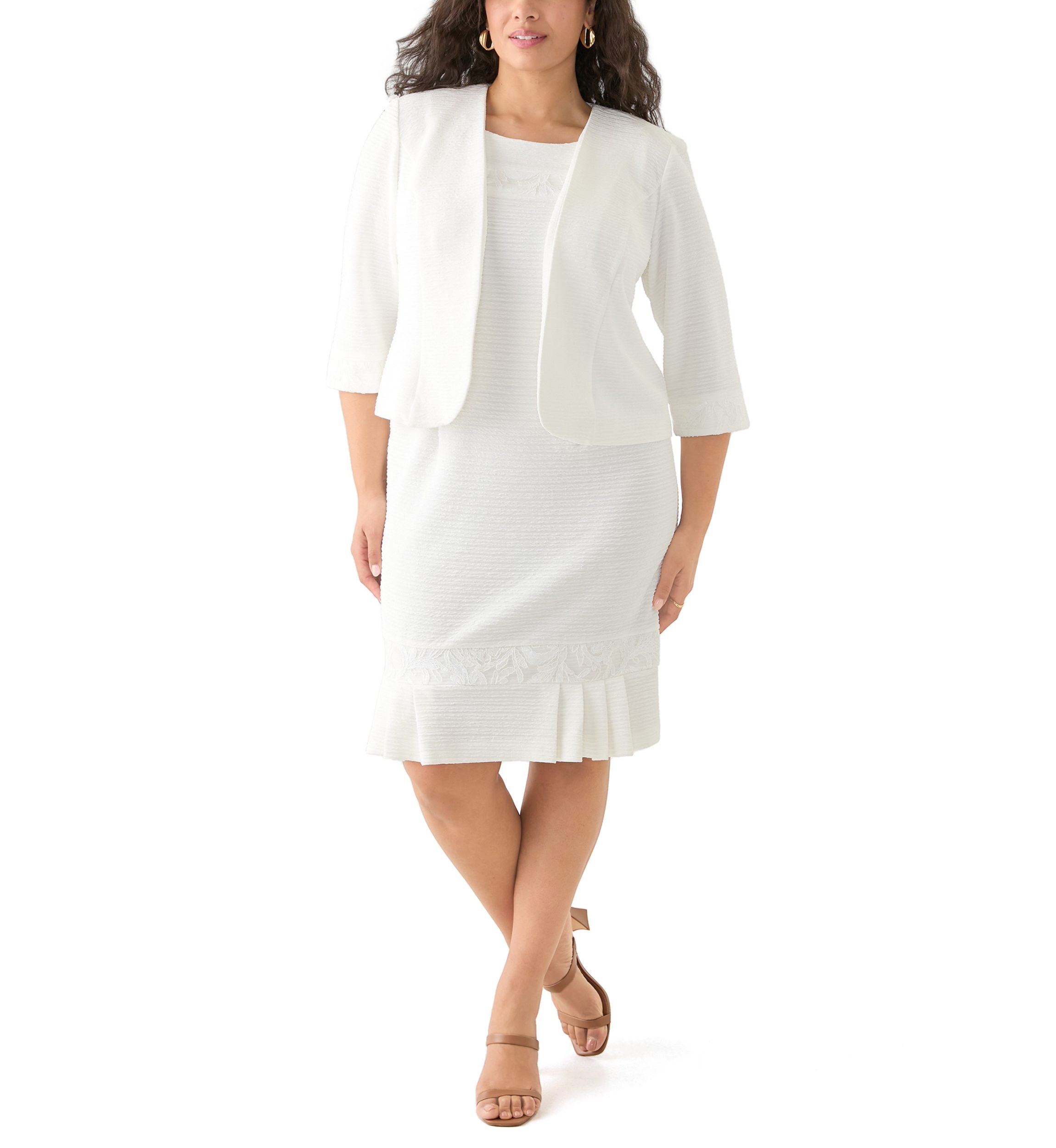 Plus Size Stretch Knit Jacket Dress with Embroidery Trim 