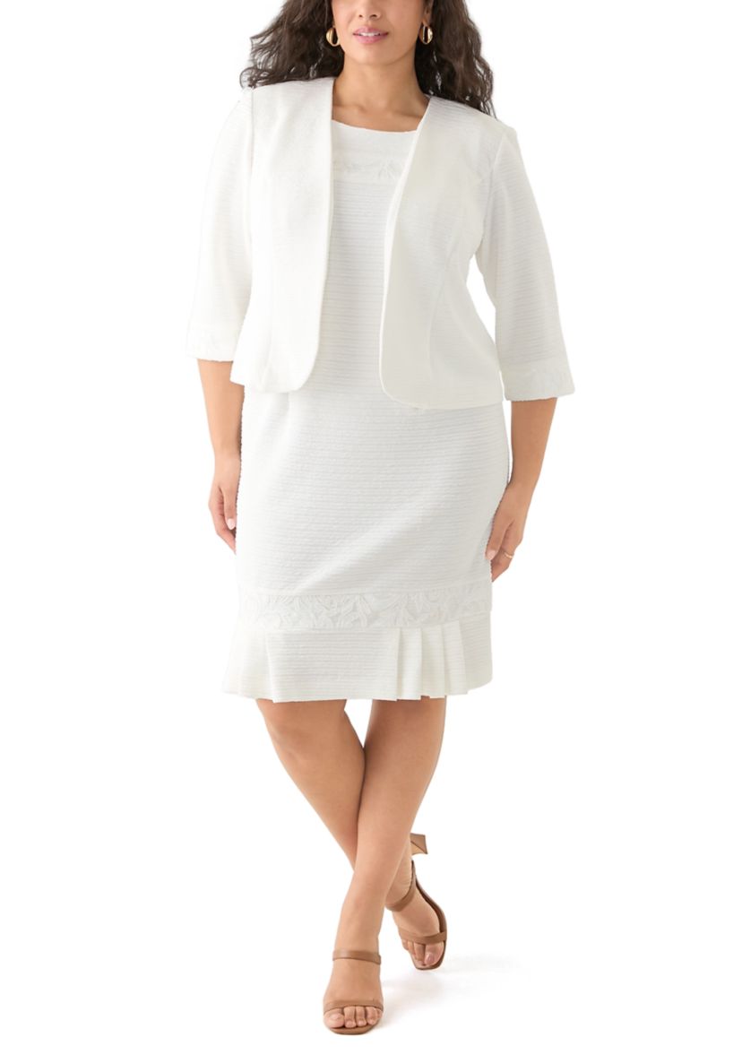 Plus Size Stretch Knit Jacket Dress with Embroidery Trim 