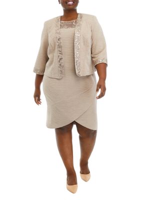 Plus 3 Piece Stretch Knit Jacket Dress with Embroidery Trim