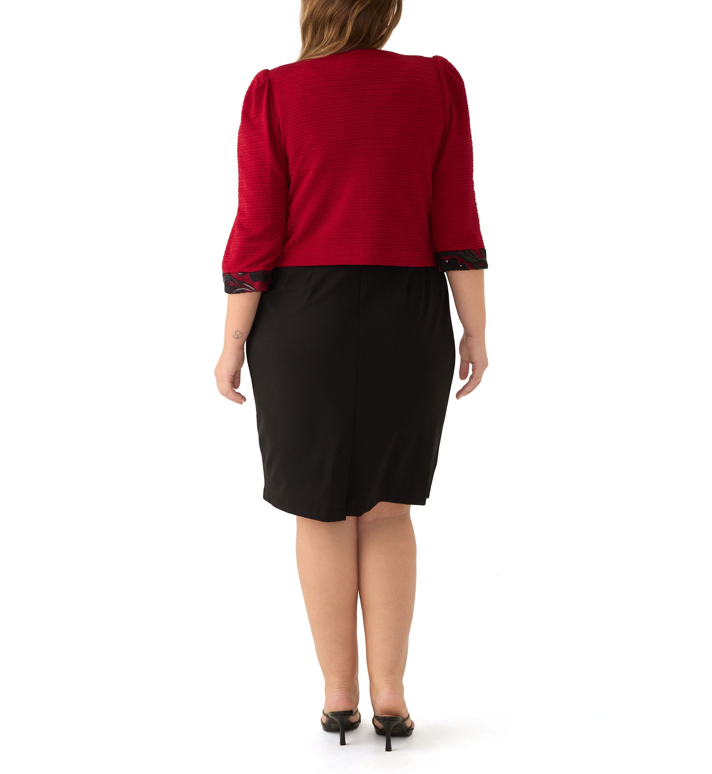 Plus Size Two Tone Crinkle Jacket Dress with Embroidery Trim at Waist