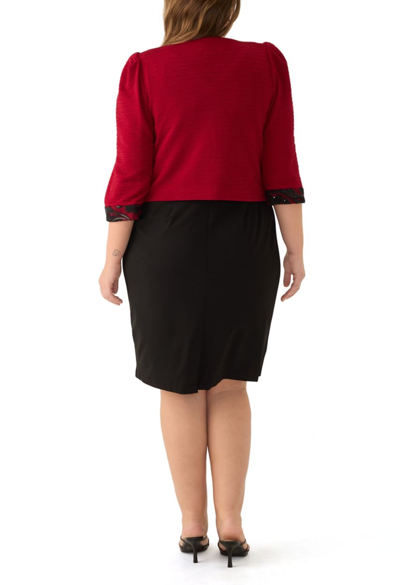 Plus Size Two Tone Crinkle Jacket Dress with Embroidery Trim at Waist