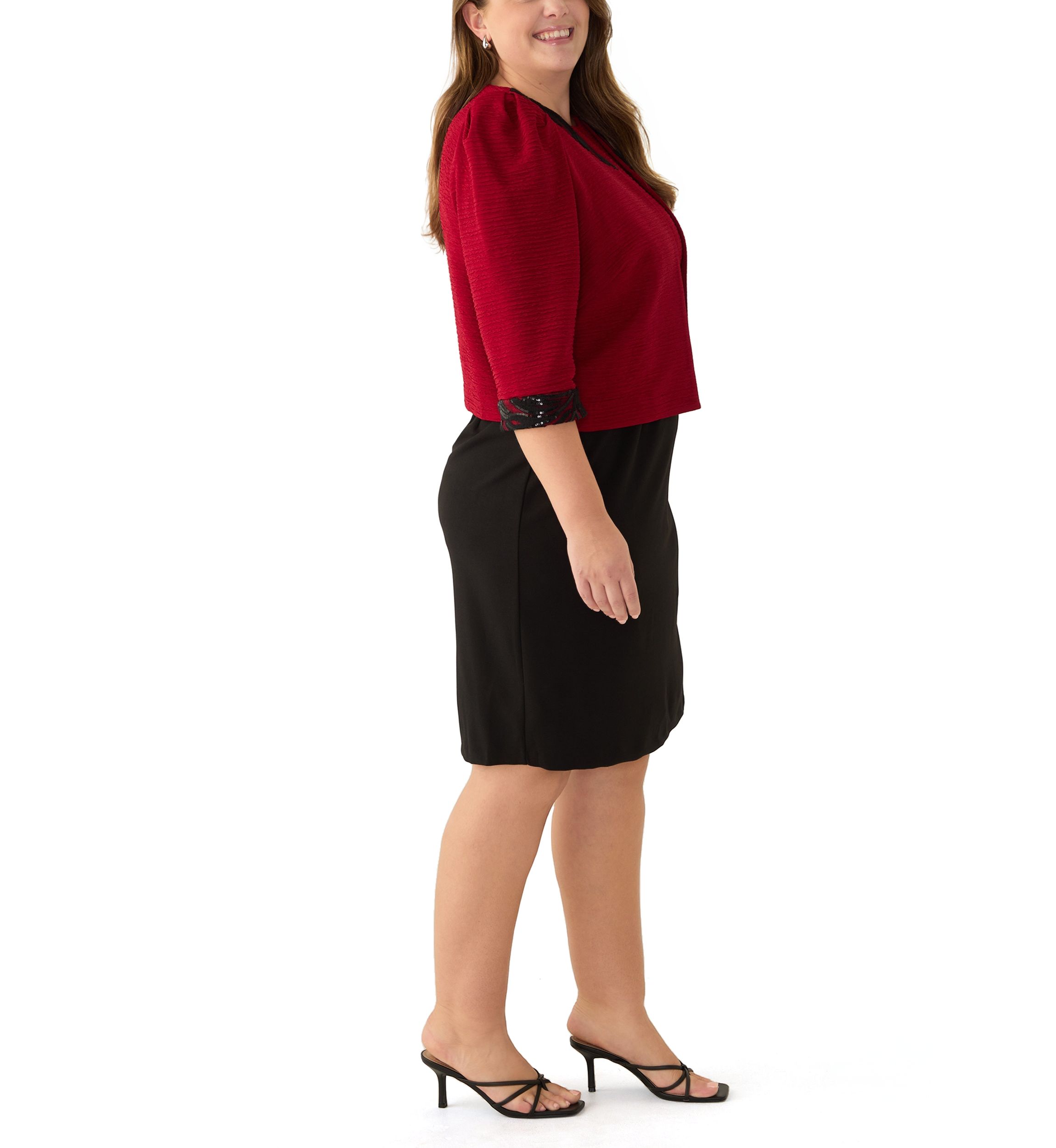 Plus Size Two Tone Crinkle Jacket Dress with Embroidery Trim at Waist