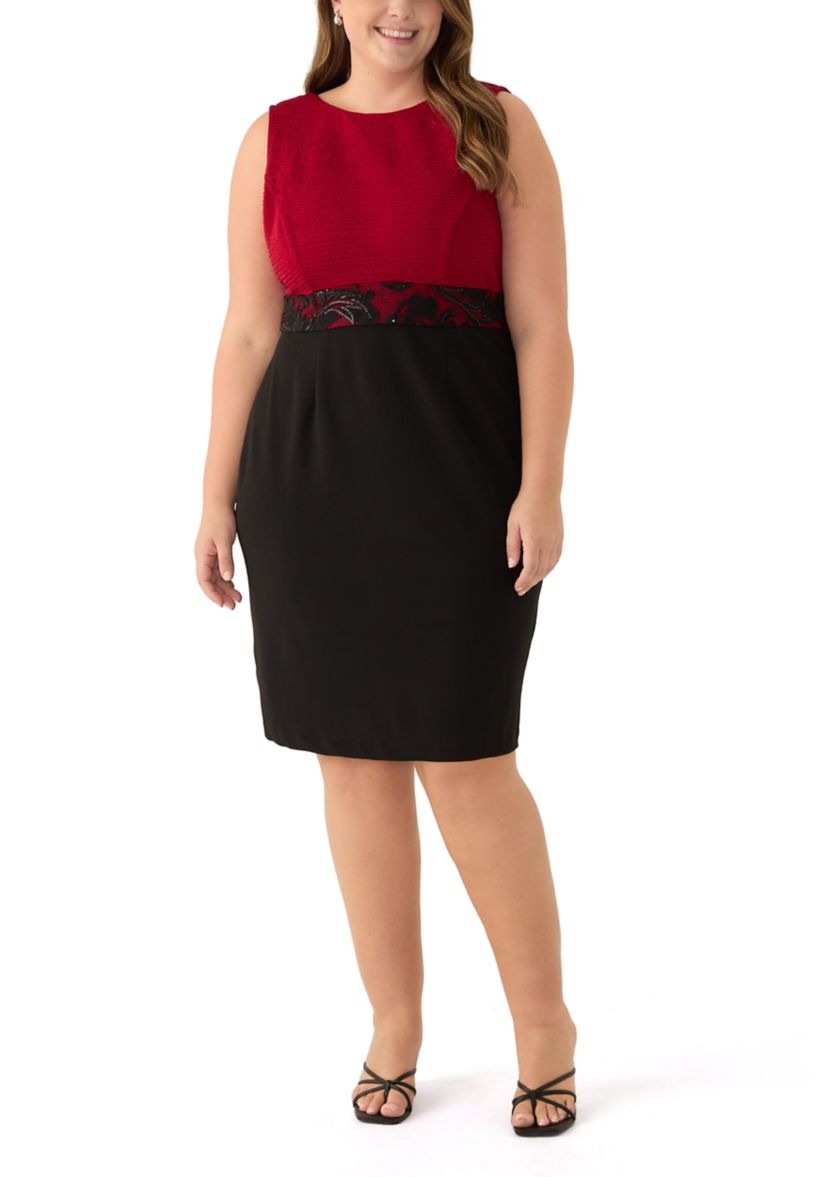 Plus Size Two Tone Crinkle Jacket Dress with Embroidery Trim at Waist