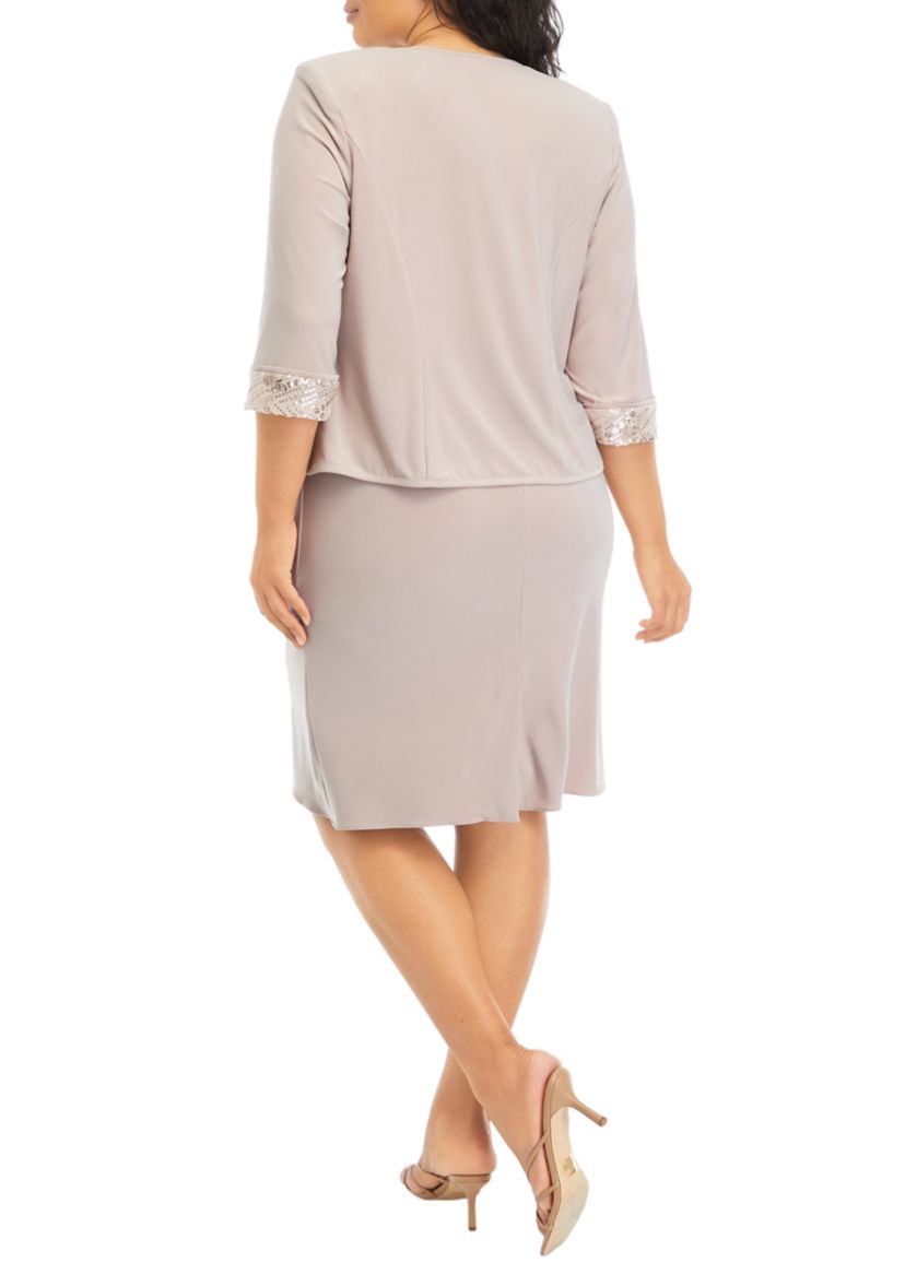 Plus Size 3/4 Sleeve Jacket Dress with Embroidery Shell Dress and Tiered Asymmetrical Skirt