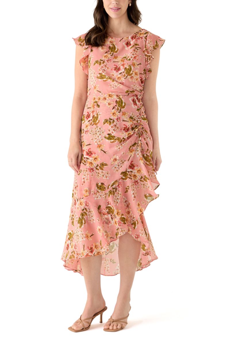 knee length dresses for ladies Julia Jordan Floral Printed Midi Length Dress in Short Sleeve – JULIA JORDAN