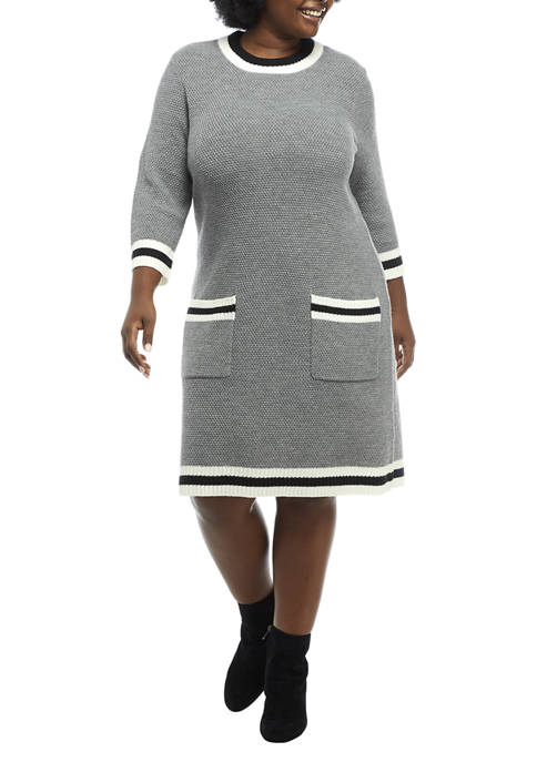 Plus Size 3/4 Sleeve Stripe Trim Sweater Dress 
