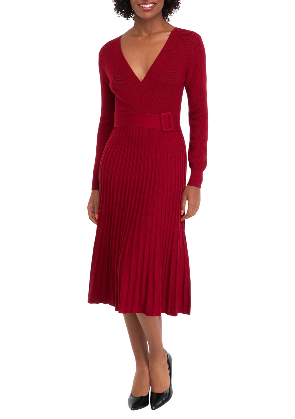 Womens Long Sleeve V-Neck Solid Belted Sweater Fit and Flare Dress
