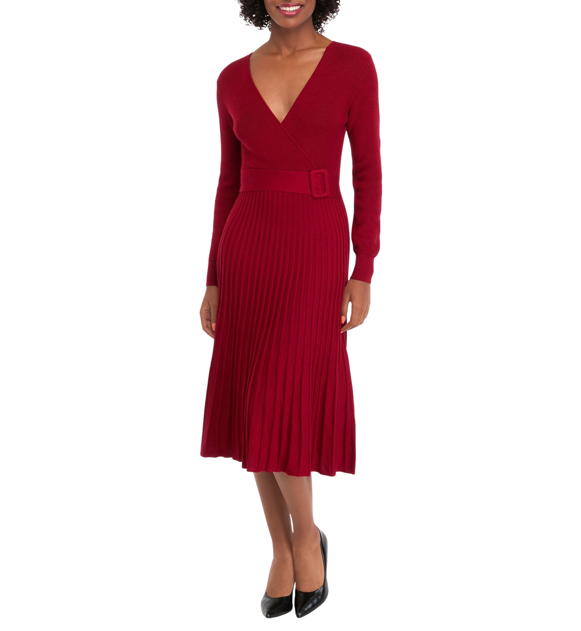 Womens Long Sleeve V-Neck Solid Belted Sweater Fit and Flare Dress