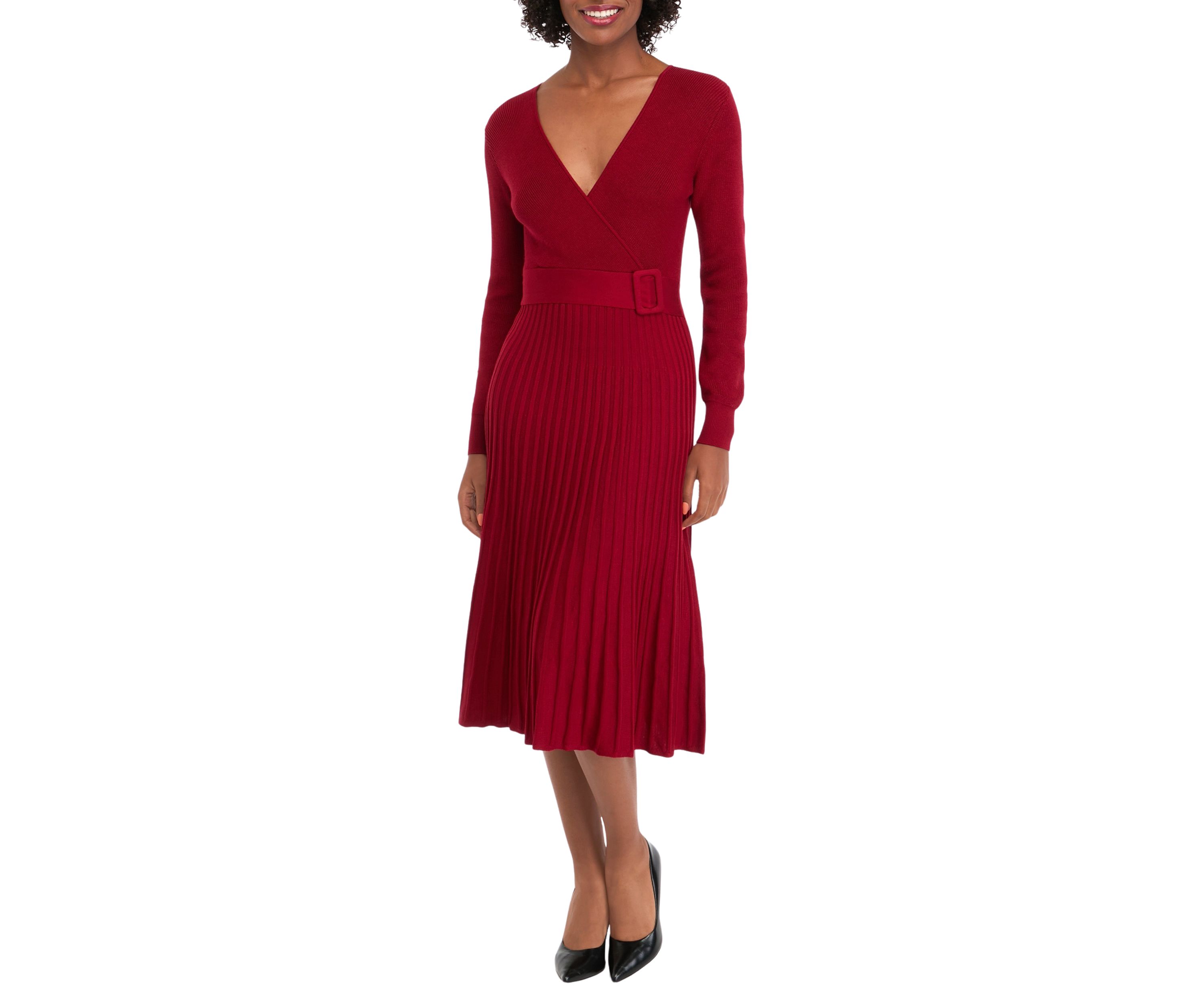 Womens Long Sleeve V-Neck Solid Belted Sweater Fit and Flare Dress