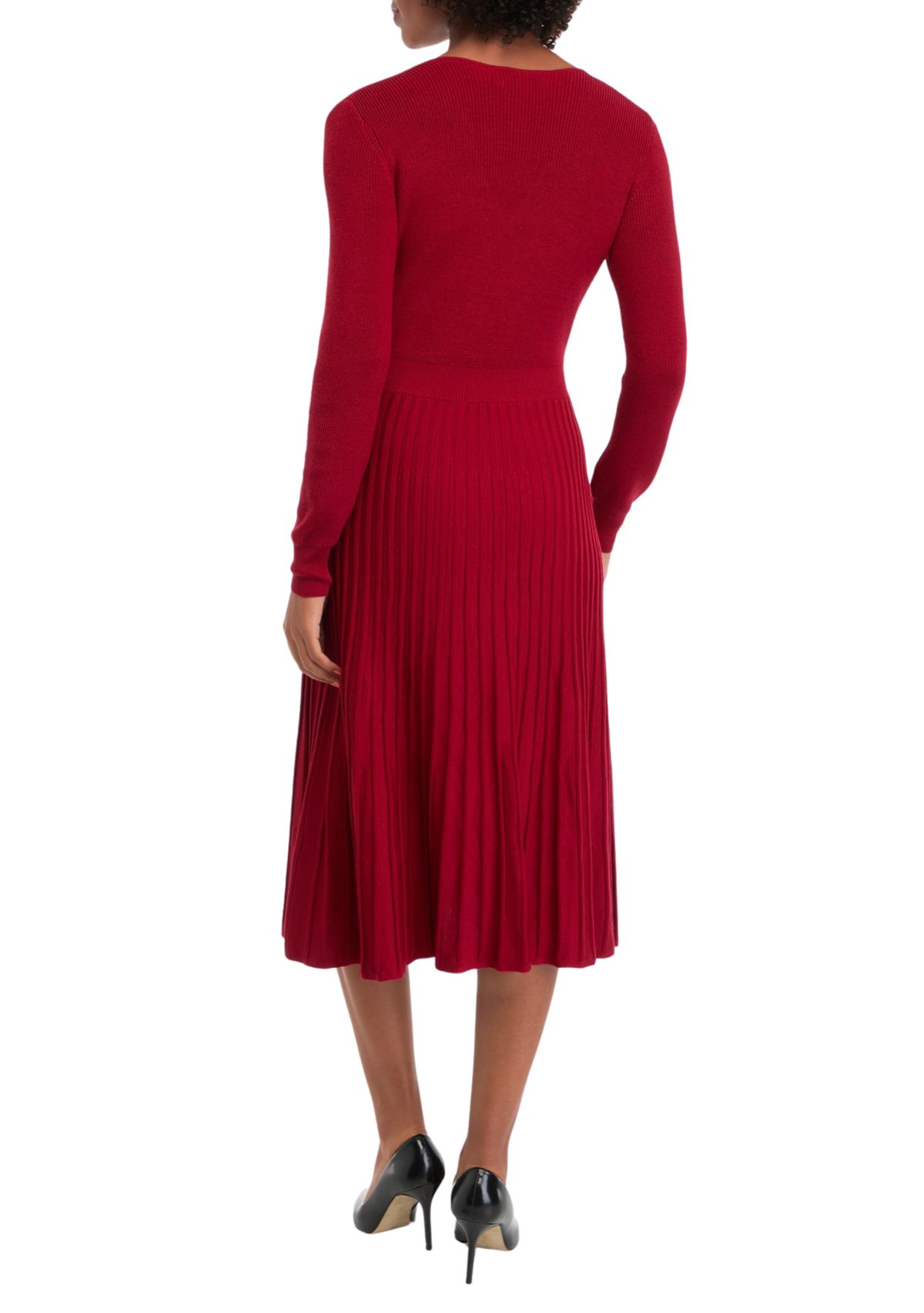 Womens Long Sleeve V-Neck Solid Belted Sweater Fit and Flare Dress