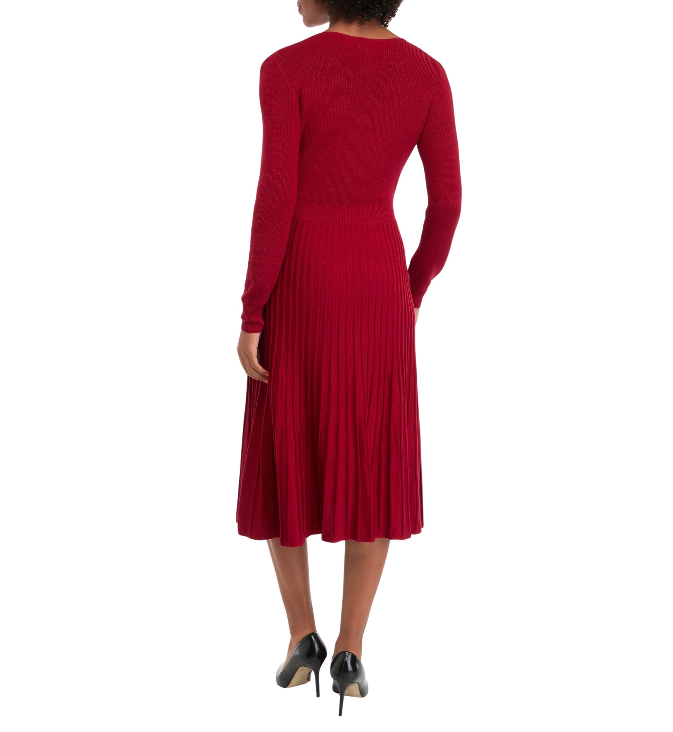 Womens Long Sleeve V-Neck Solid Belted Sweater Fit and Flare Dress
