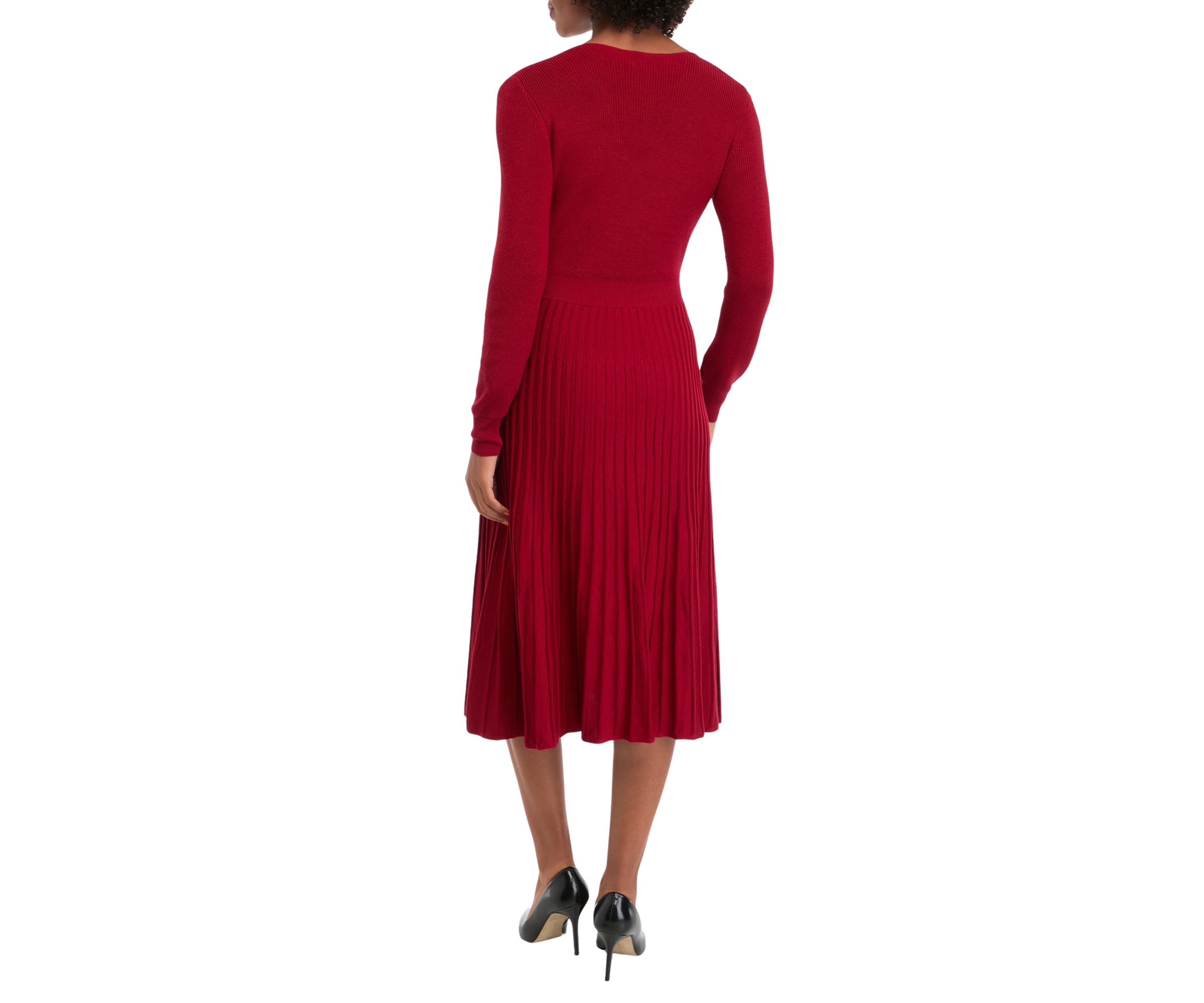 Womens Long Sleeve V-Neck Solid Belted Sweater Fit and Flare Dress