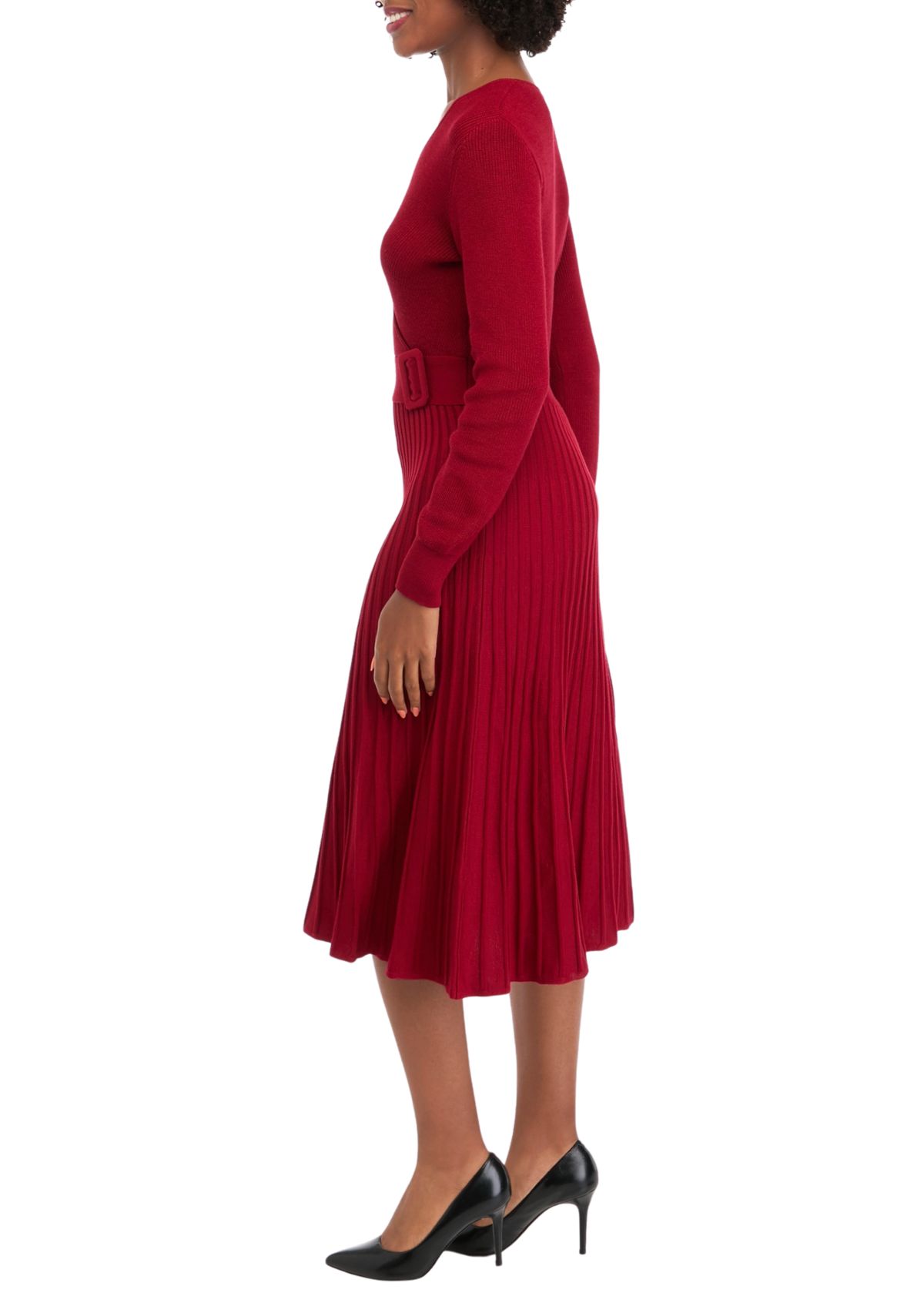Womens Long Sleeve V-Neck Solid Belted Sweater Fit and Flare Dress