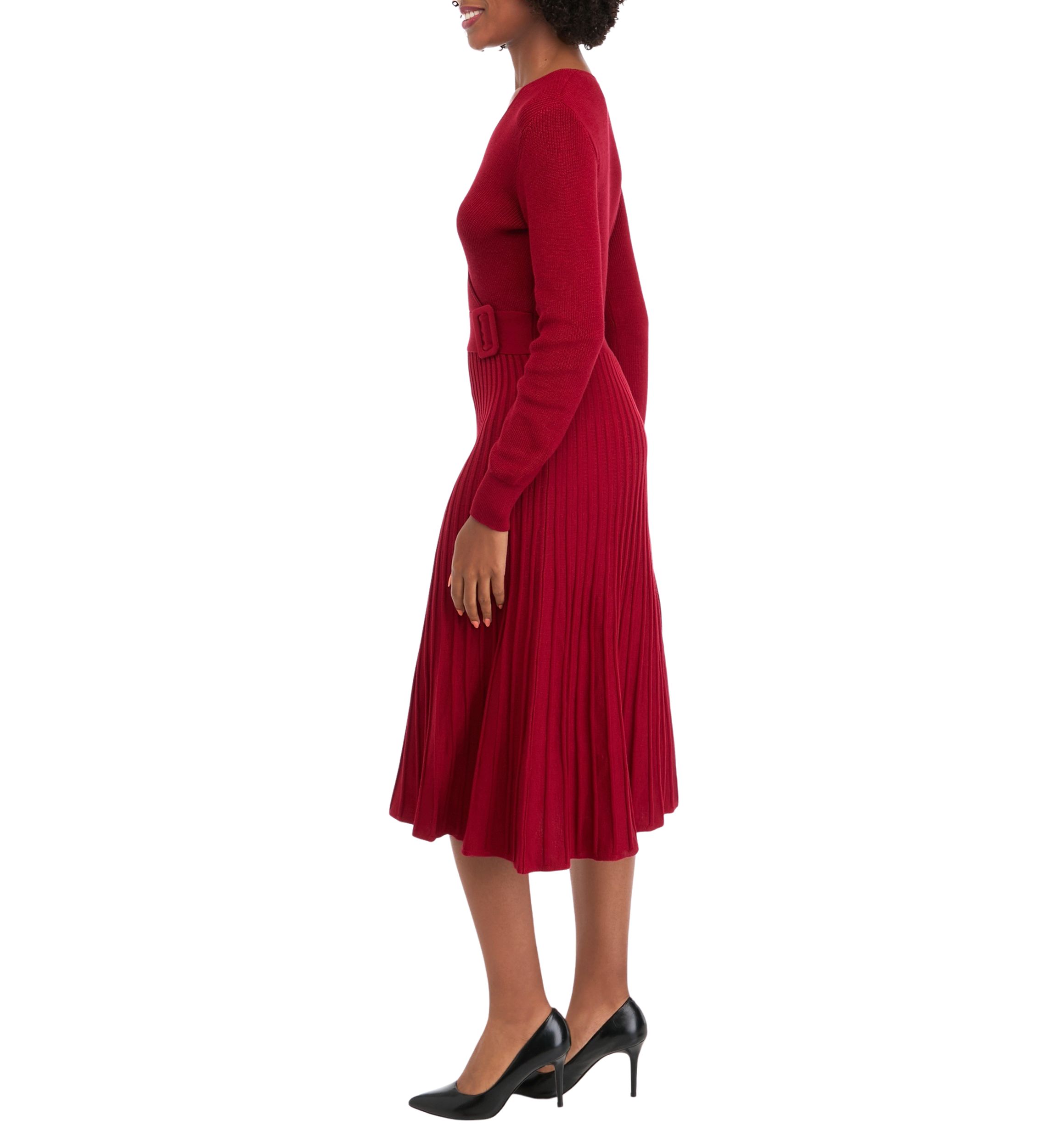 Womens Long Sleeve V-Neck Solid Belted Sweater Fit and Flare Dress