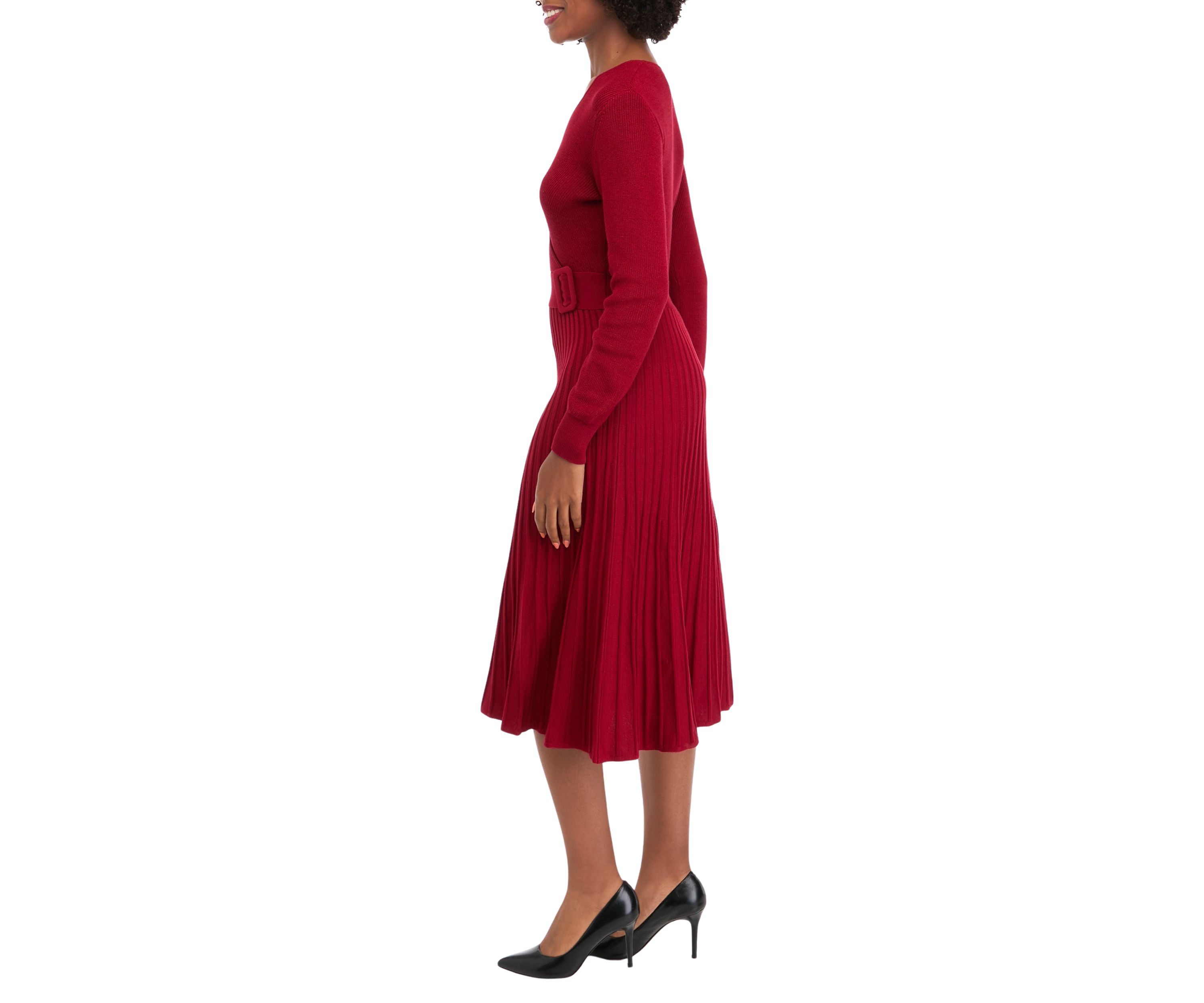 Womens Long Sleeve V-Neck Solid Belted Sweater Fit and Flare Dress