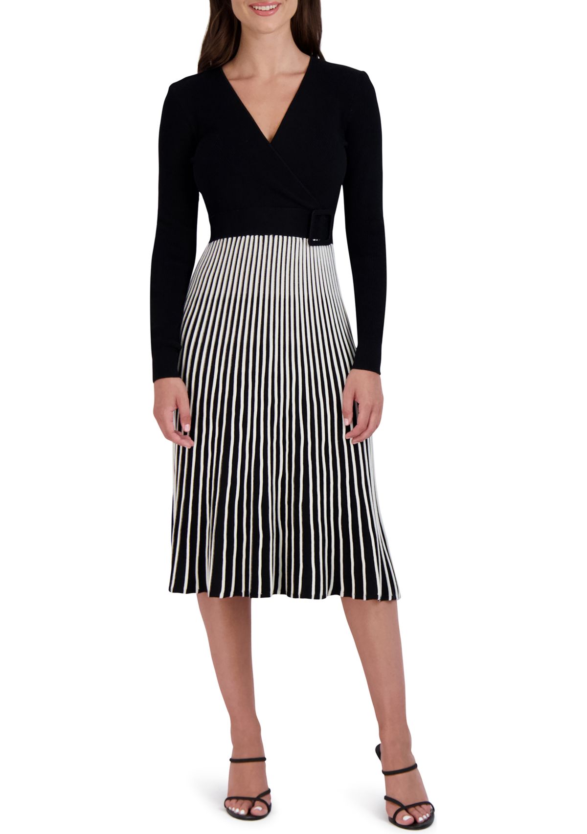 Womens Rib Pleated Belted Dress