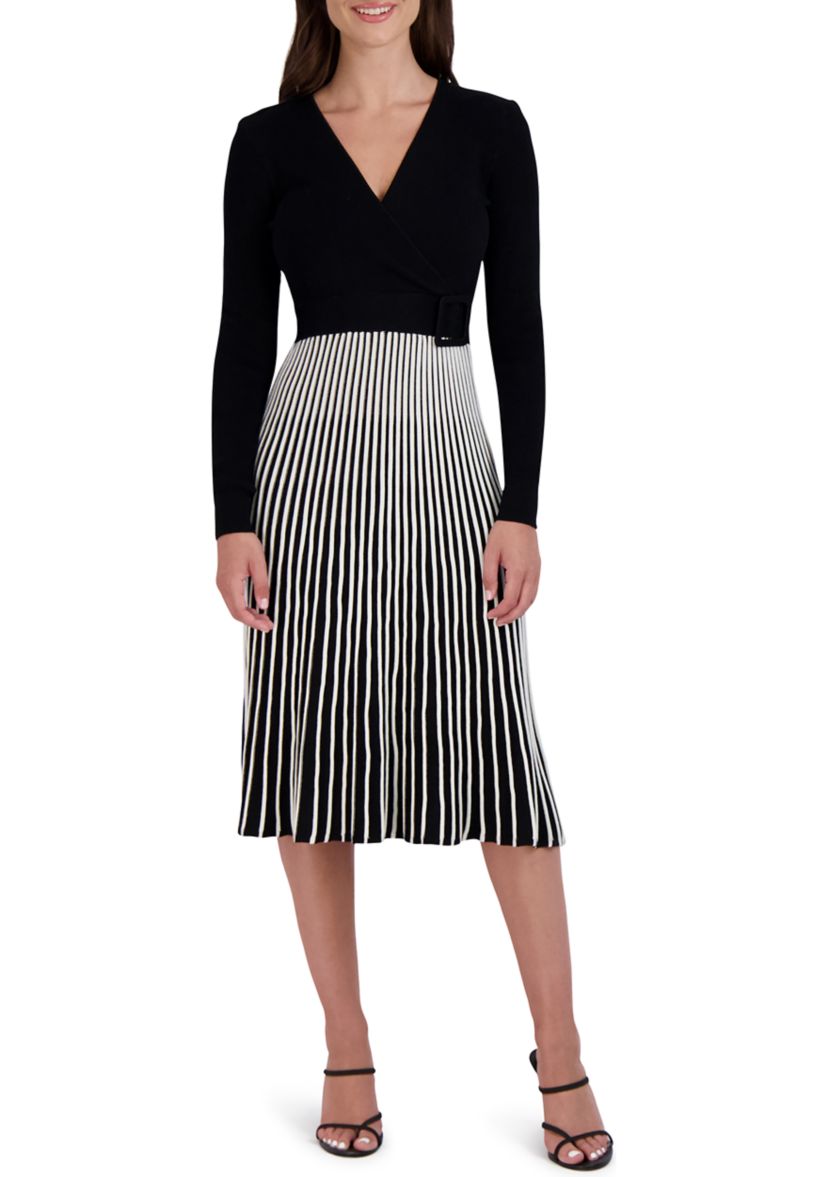 Womens Rib Pleated Belted Dress