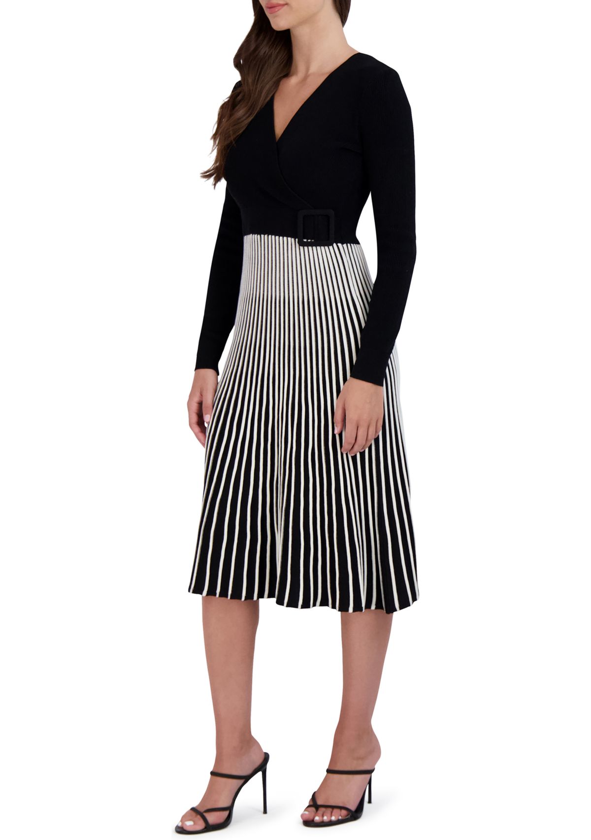 Womens Rib Pleated Belted Dress