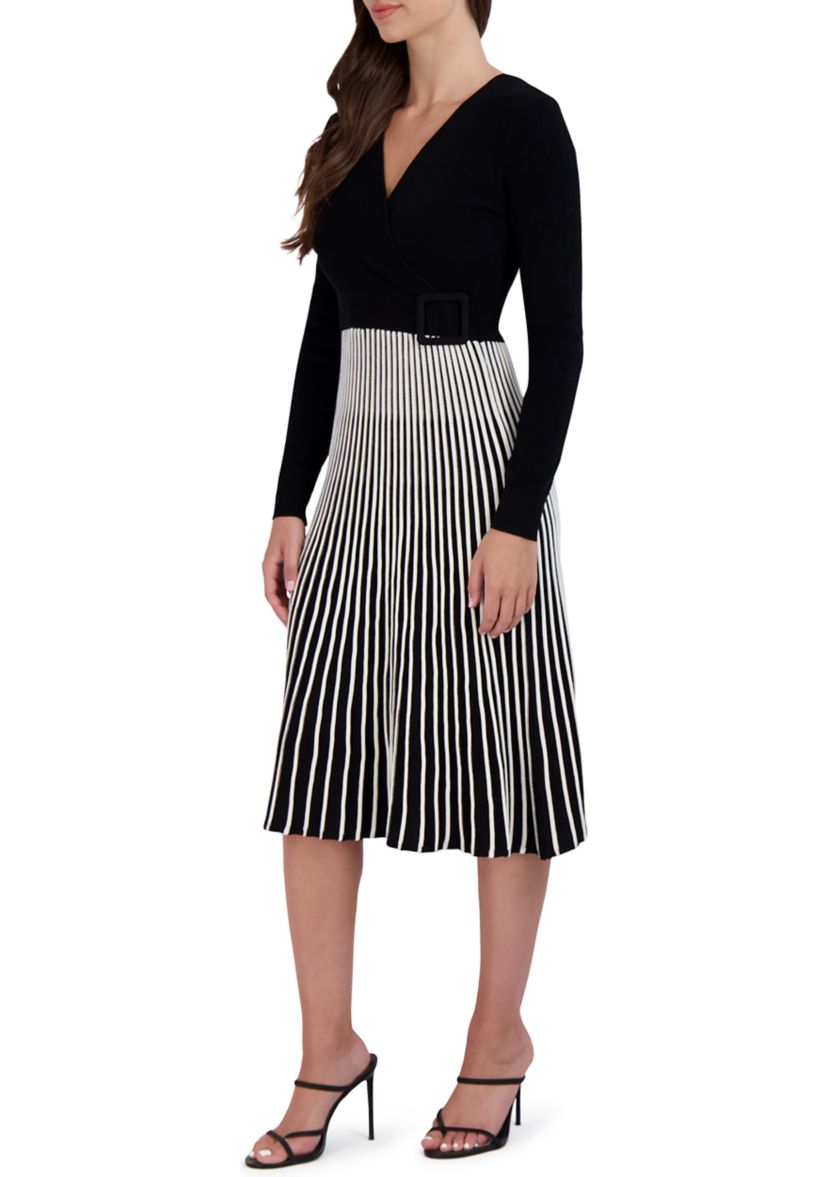 Womens Rib Pleated Belted Dress