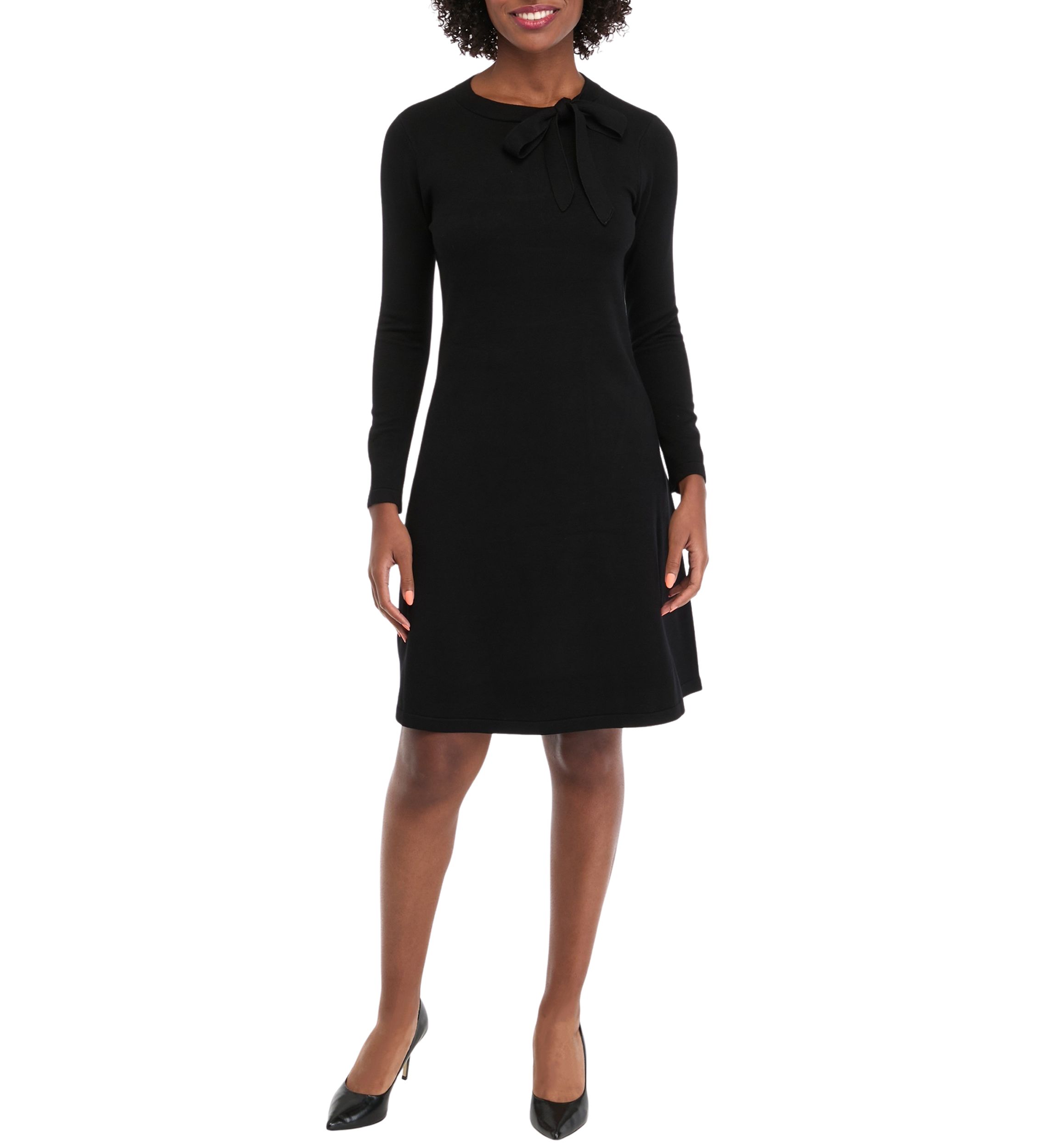 Womens Long Sleeve Crew Neck Solid Midi Knit A-Line Dress